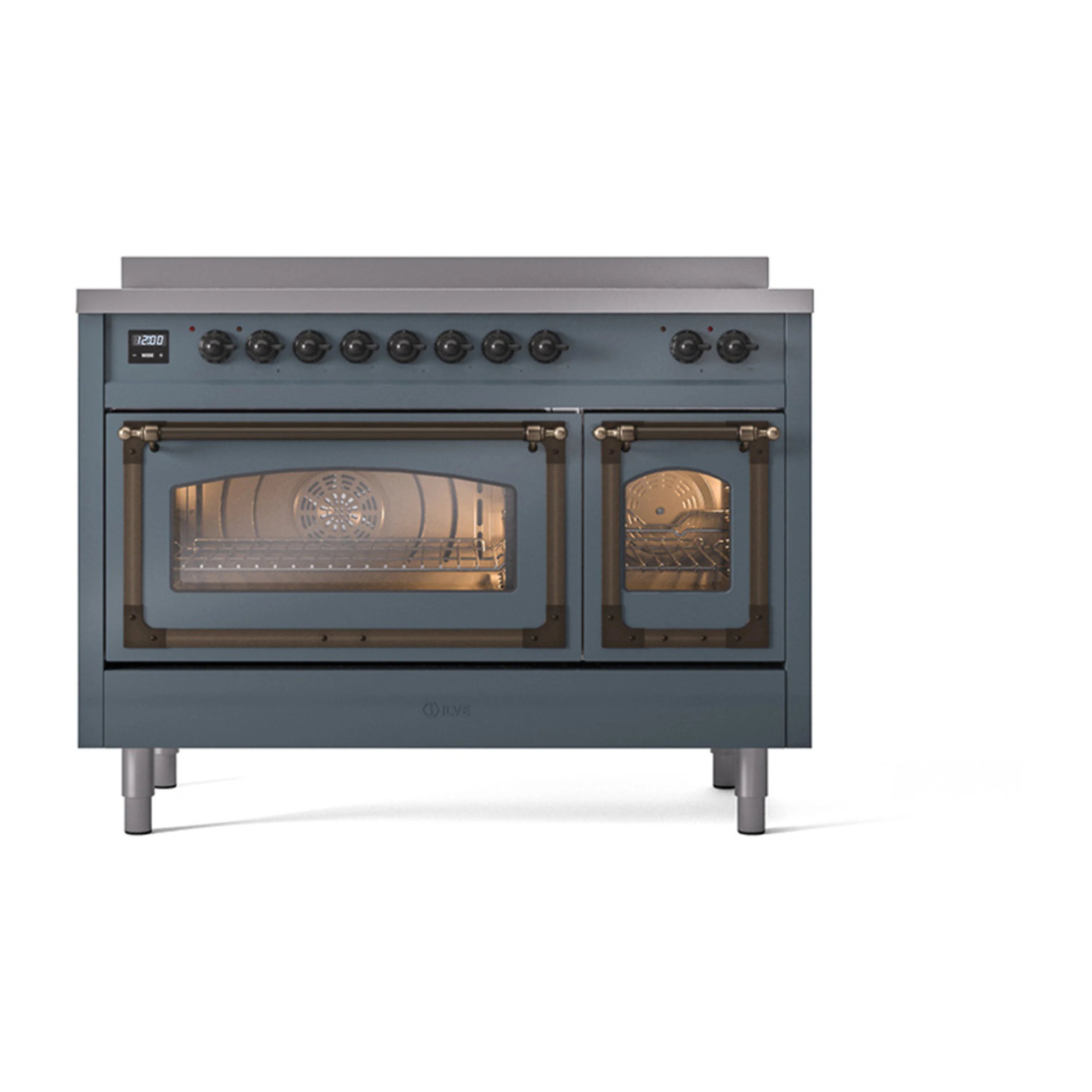 Blue-grey induction range front view with bronze-trimmed triple glass doors