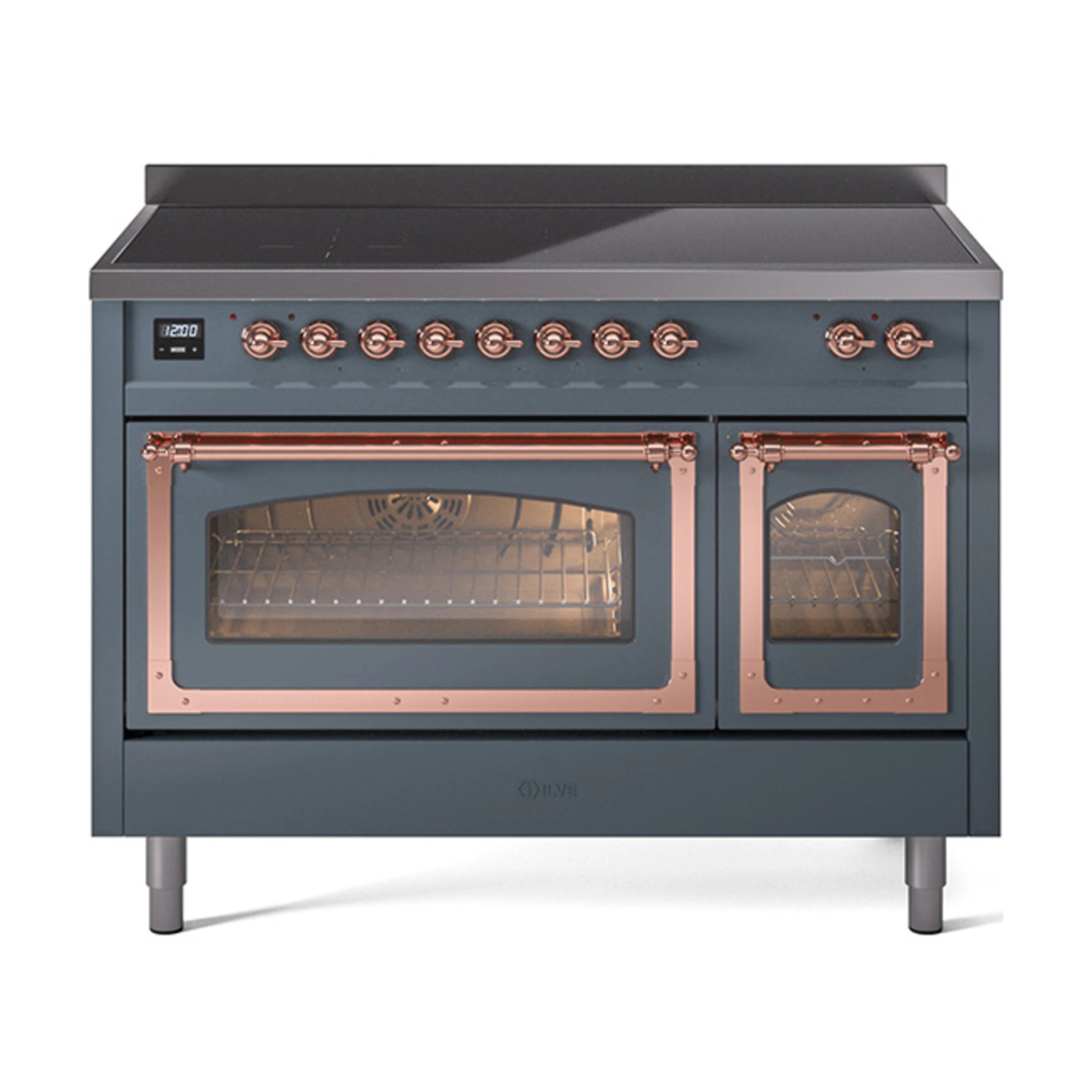 Blue gray induction range with open oven doors, copper trim, and twin oven windows