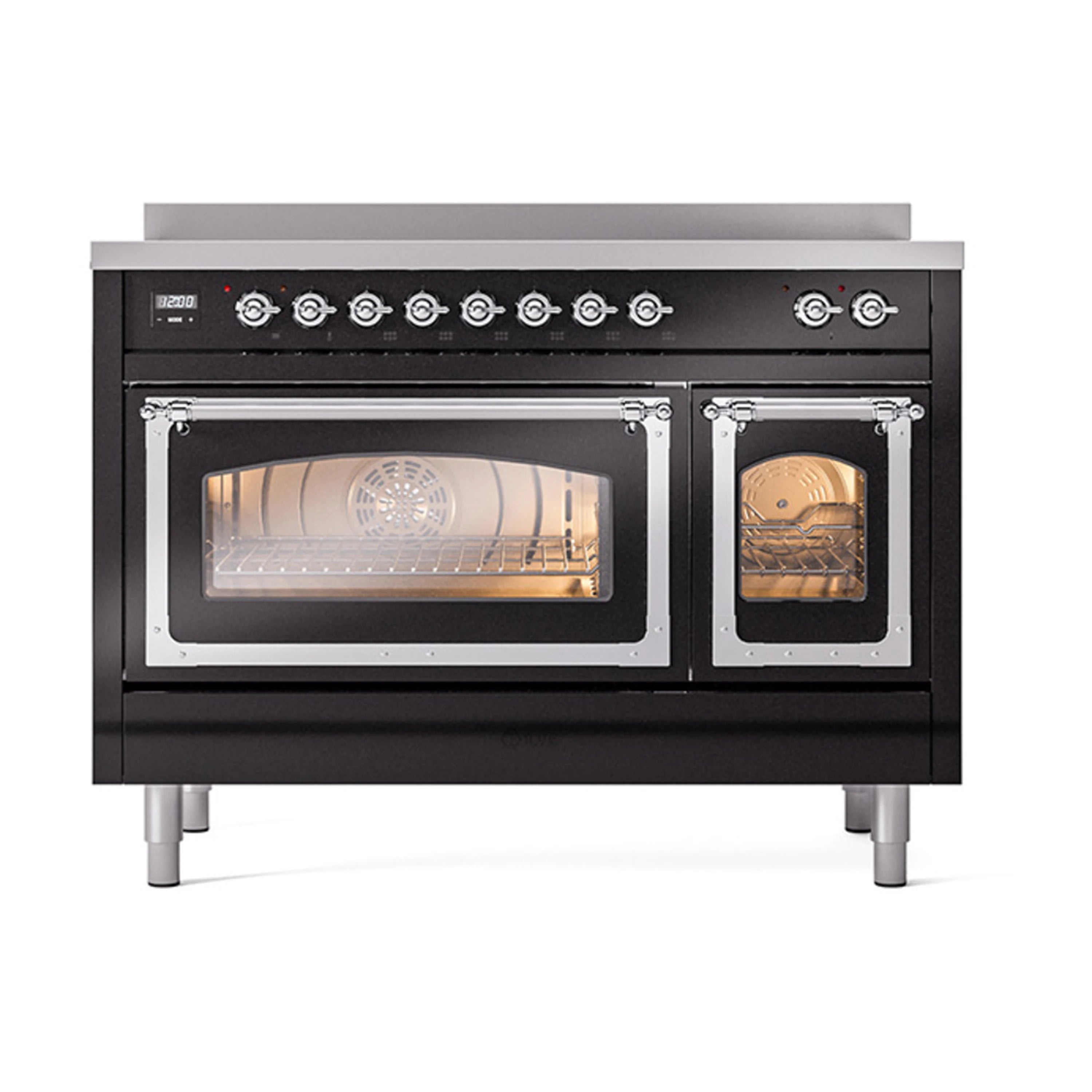 Glossy black induction range with chrome-trimmed double oven doors and control knobs