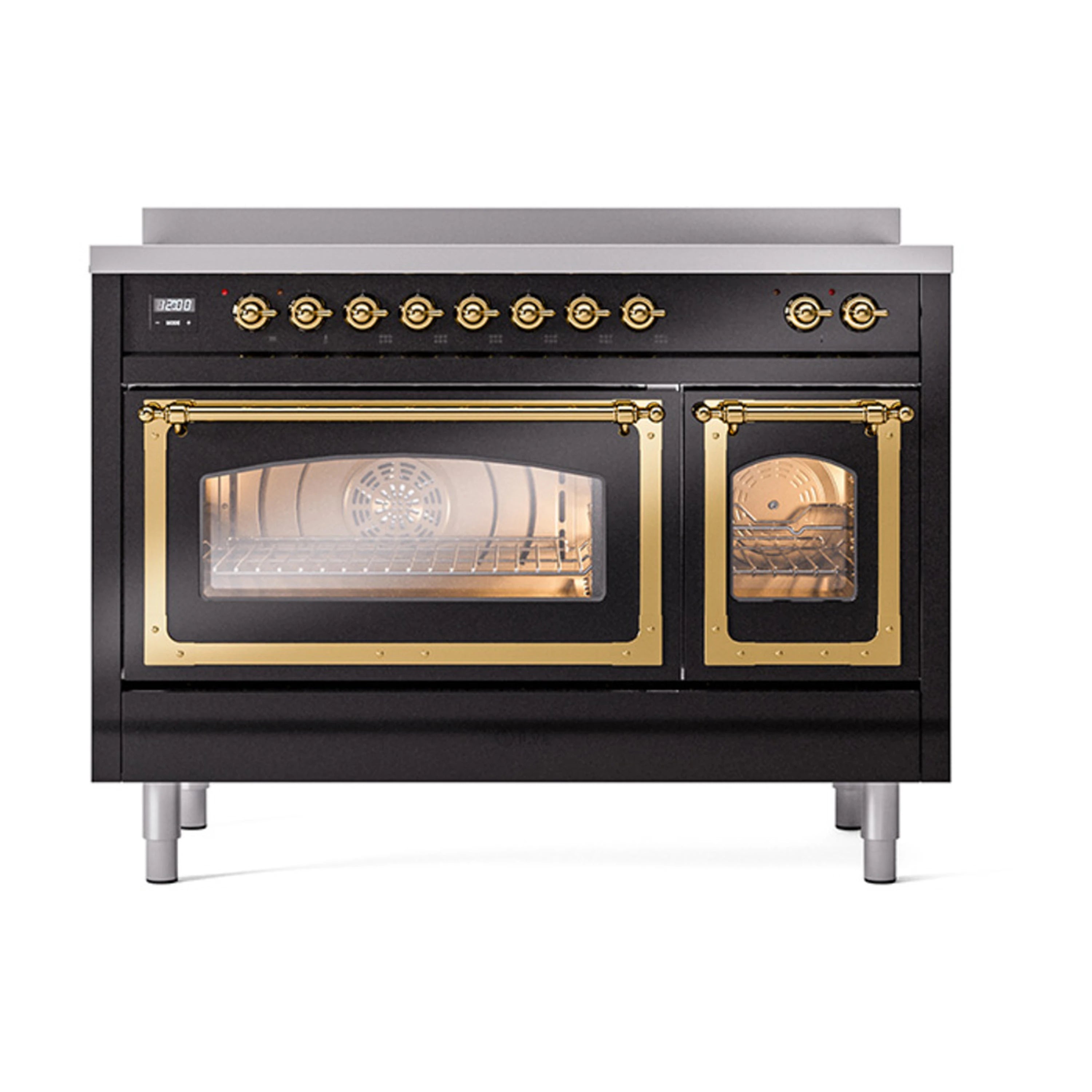Glossy black induction range with triple glass doors and brass trim, front view