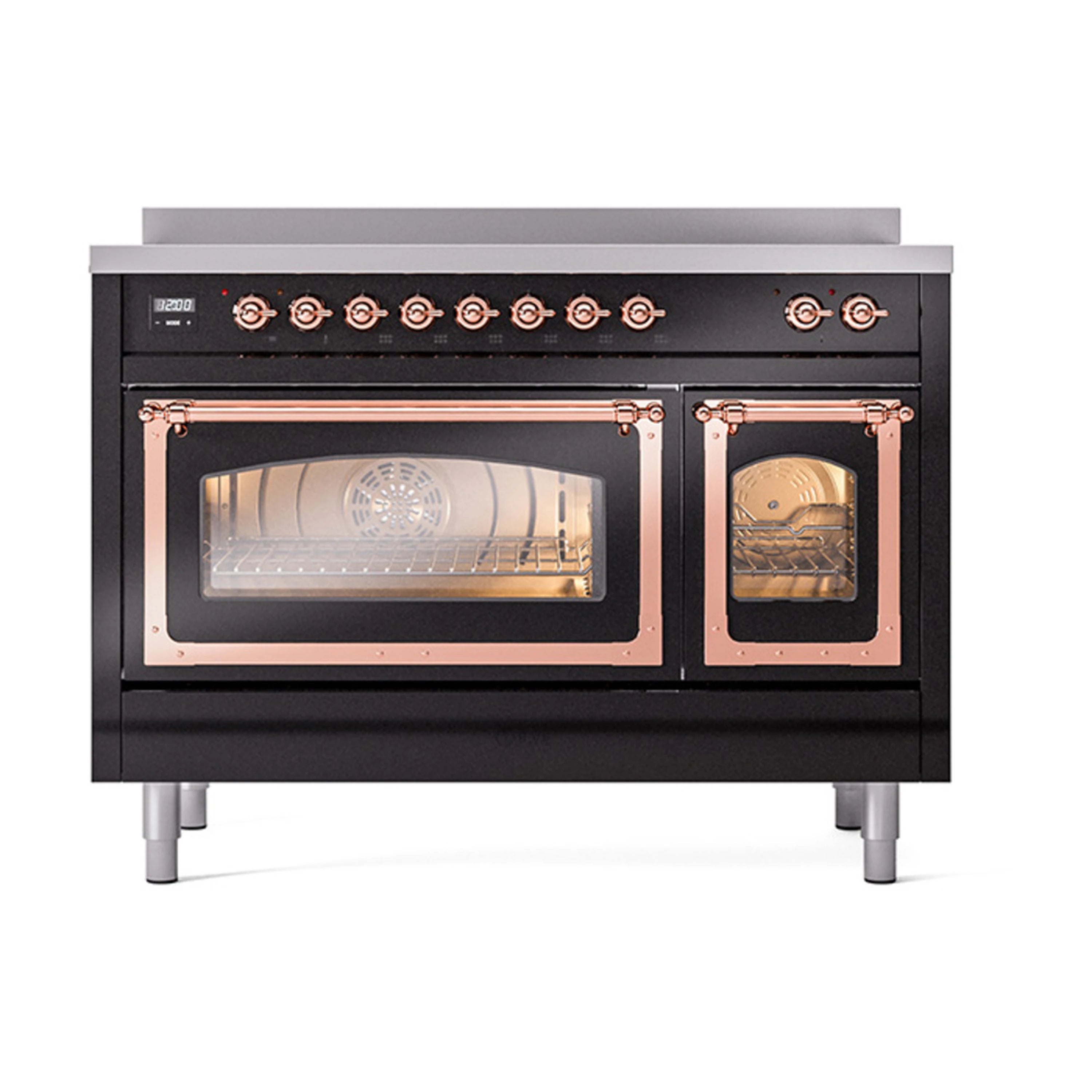 Glossy black induction range with copper-trimmed triple glass oven doors