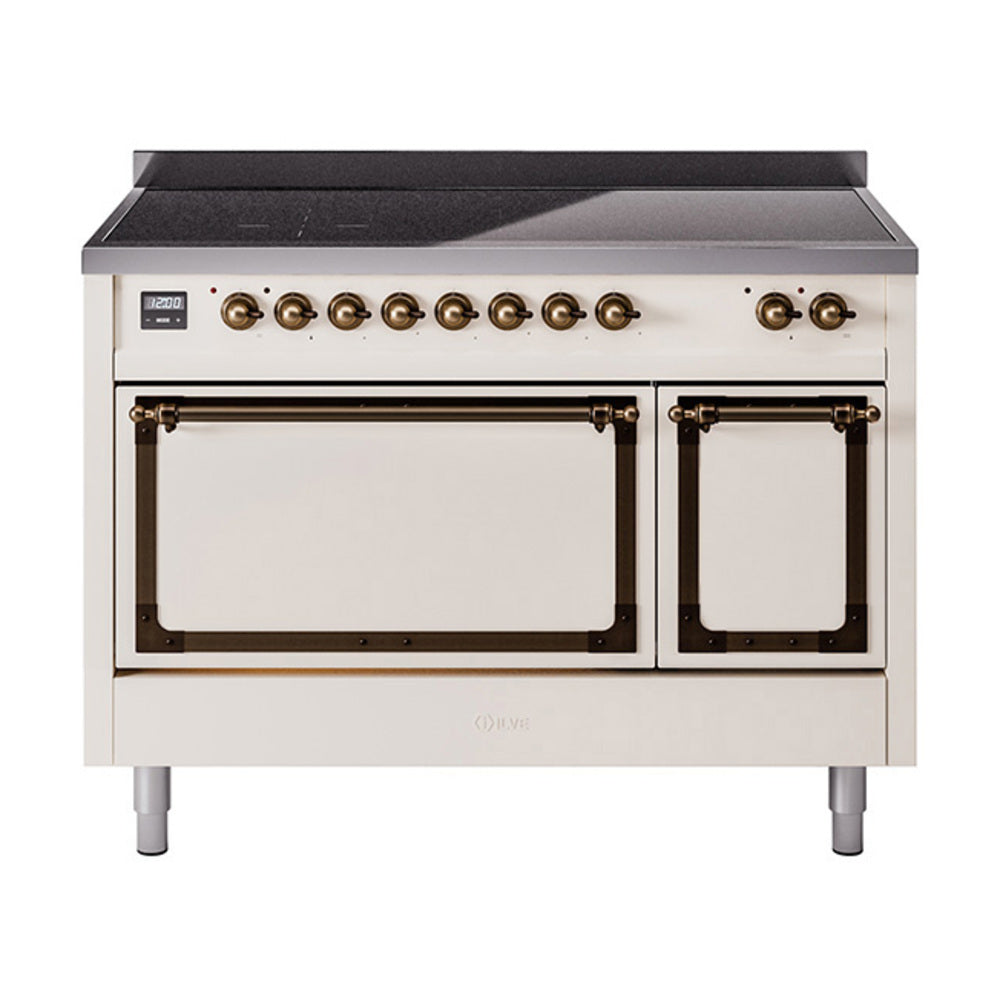 Antique white induction range with bronze-trim cooktop and two oven doors