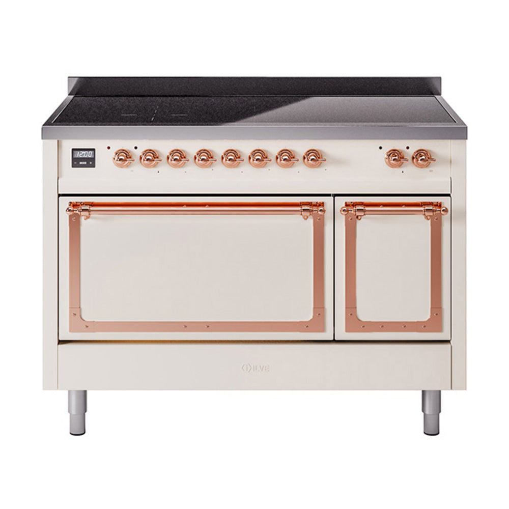Antique white induction range with copper-trim control knobs and two oven doors