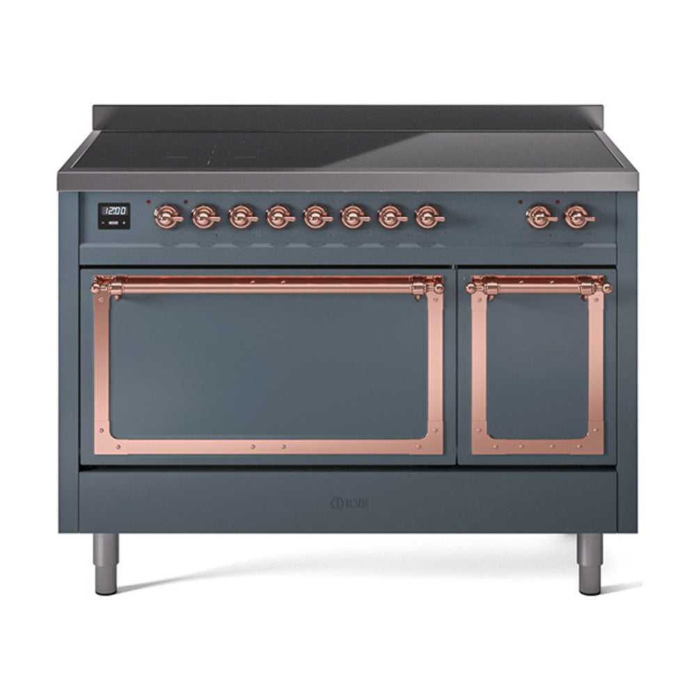 Blue-grey induction range with open dual ovens, copper door frames, and knob panel
