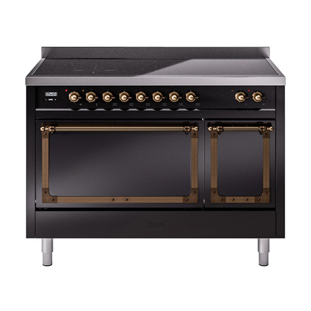 Induction range with oven door open, glossy black frame and bronze hardware accents