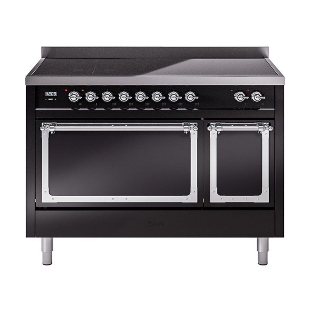 Black induction range with open ovens and front control knobs