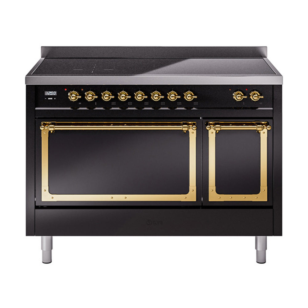 Glossy black induction range front with open brass-framed oven doors and controls