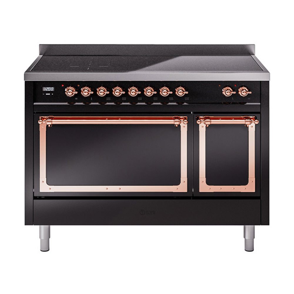 Induction range with double ovens open, glossy black body and copper door frames