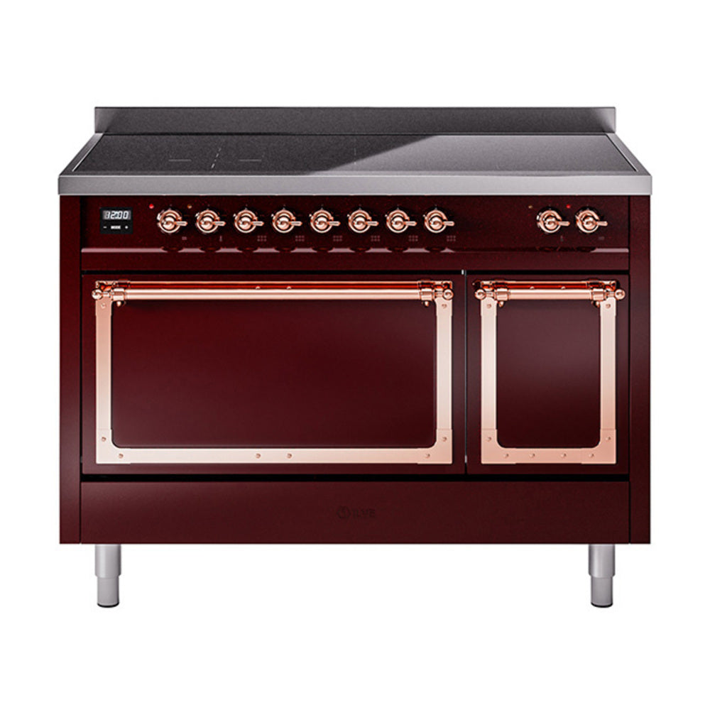 Burgundy induction range with two open oven doors, copper frames, and control knobs