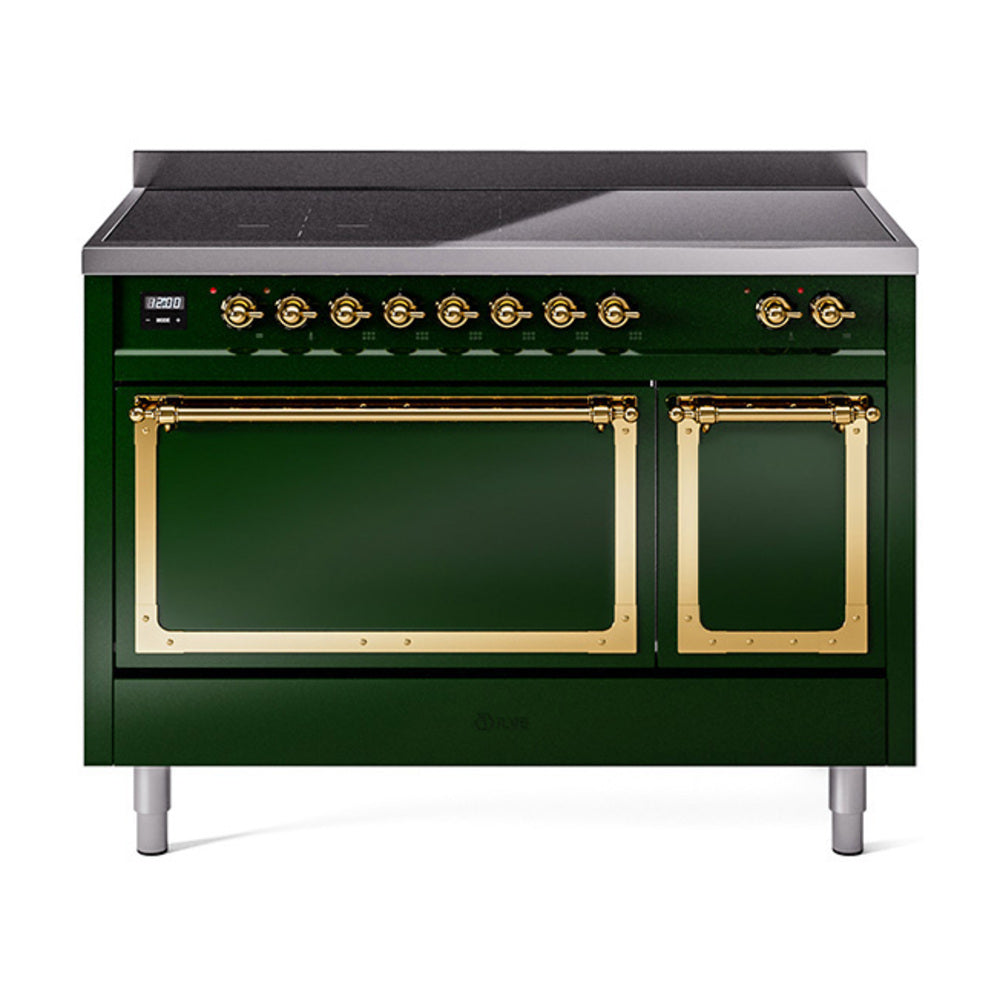 Emerald green induction range with black cooktop and brass-trimmed oven doors