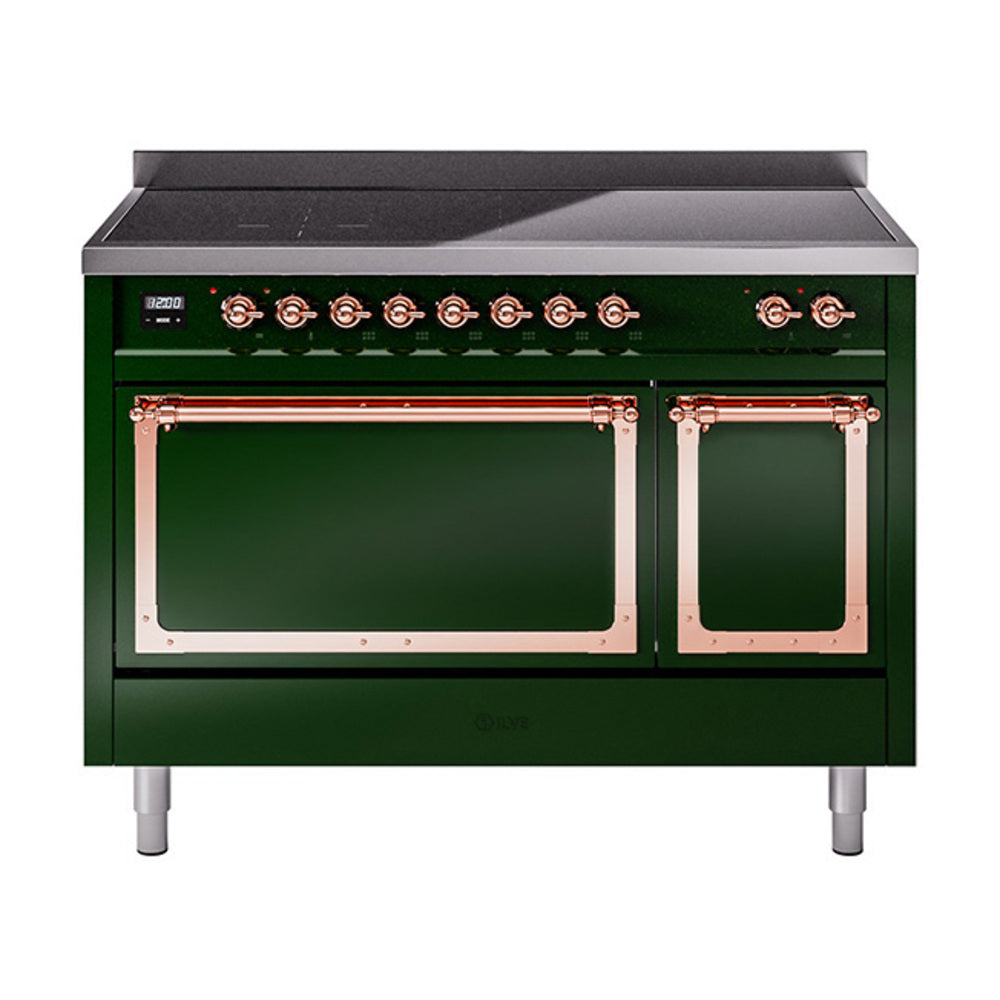 Emerald green induction range with copper-trim control knobs and two closed oven doors