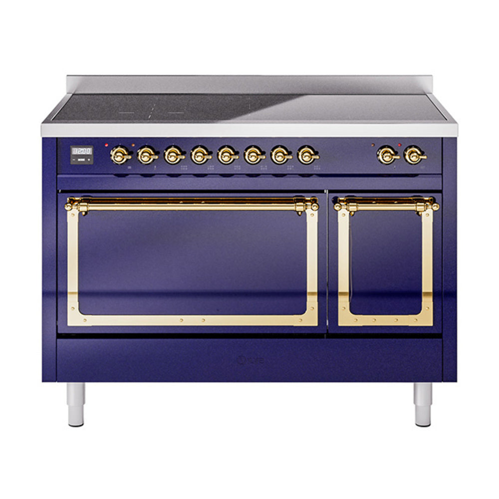 Midnight blue induction range with two oven openings and brass-trimmed handles
