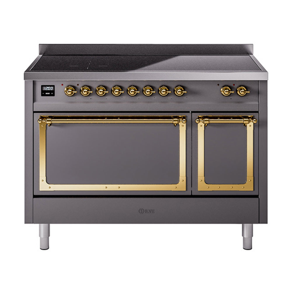 Graphite induction range front with brass knobs, handles, and two closed oven doors