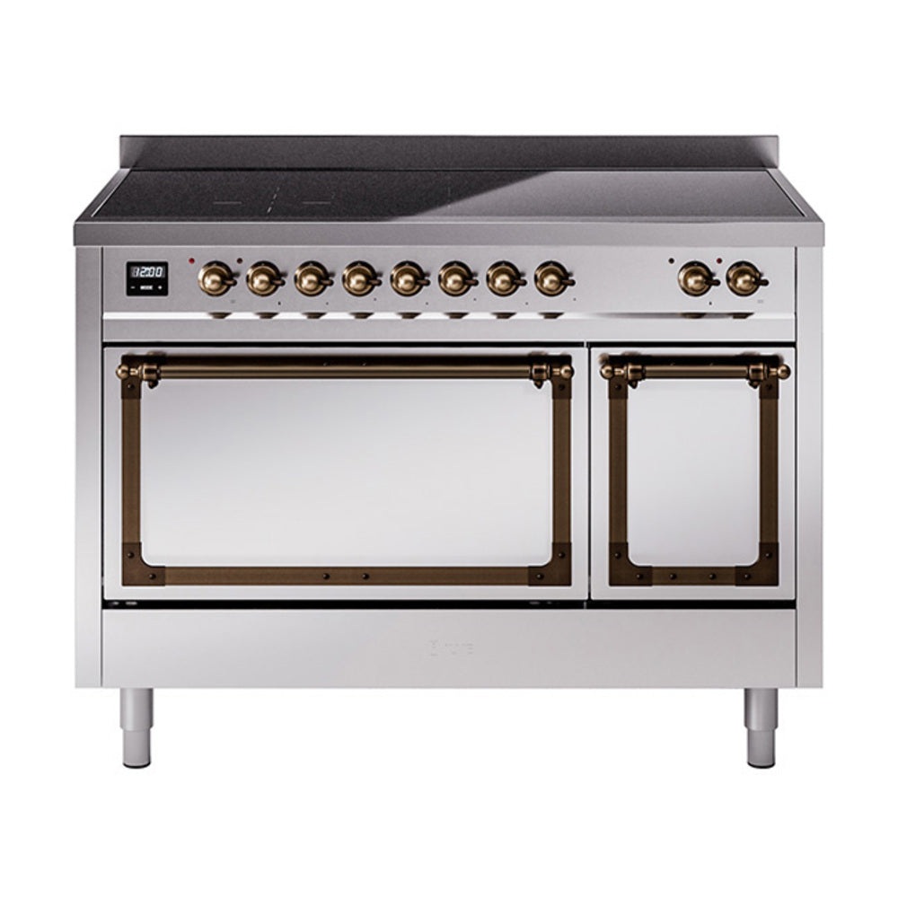 Stainless induction range with two oven openings and bronze-trim door hardware