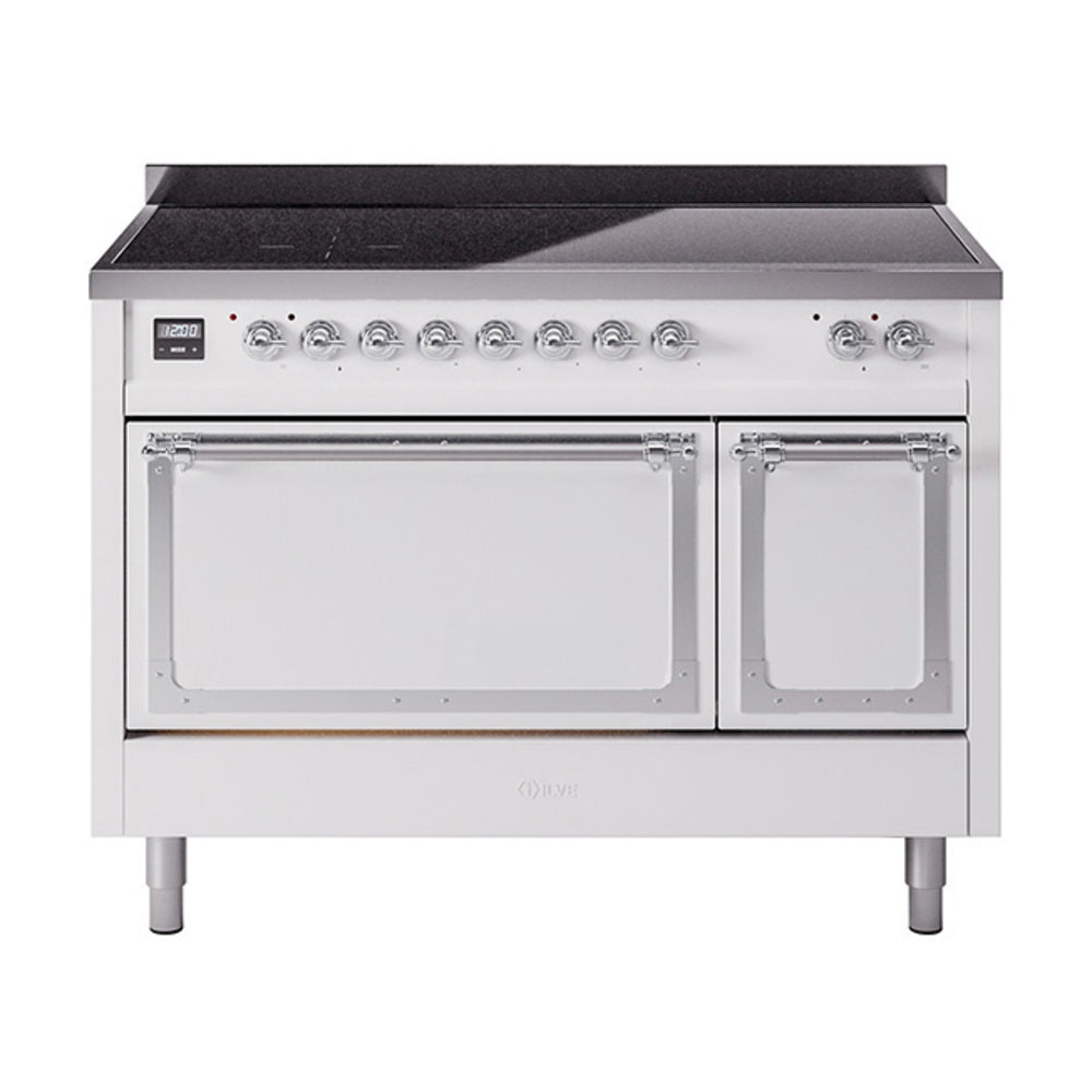 White induction range front view with two closed oven doors and chrome control knobs
