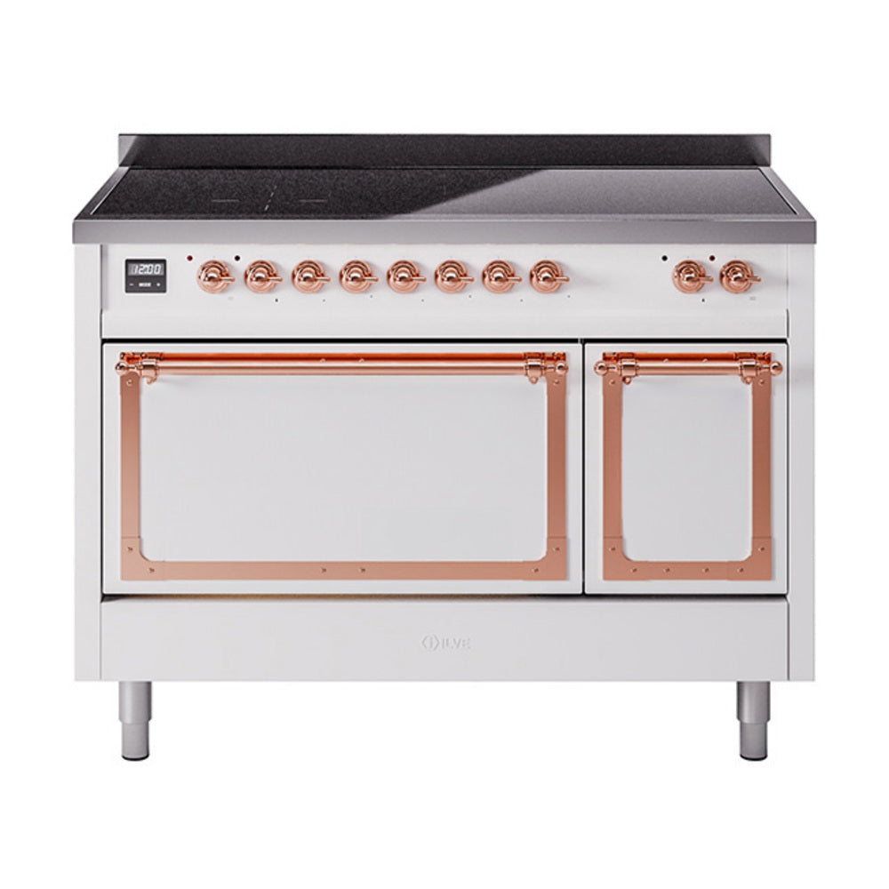 White dual-oven induction range with copper-trim doors and control knobs, front view