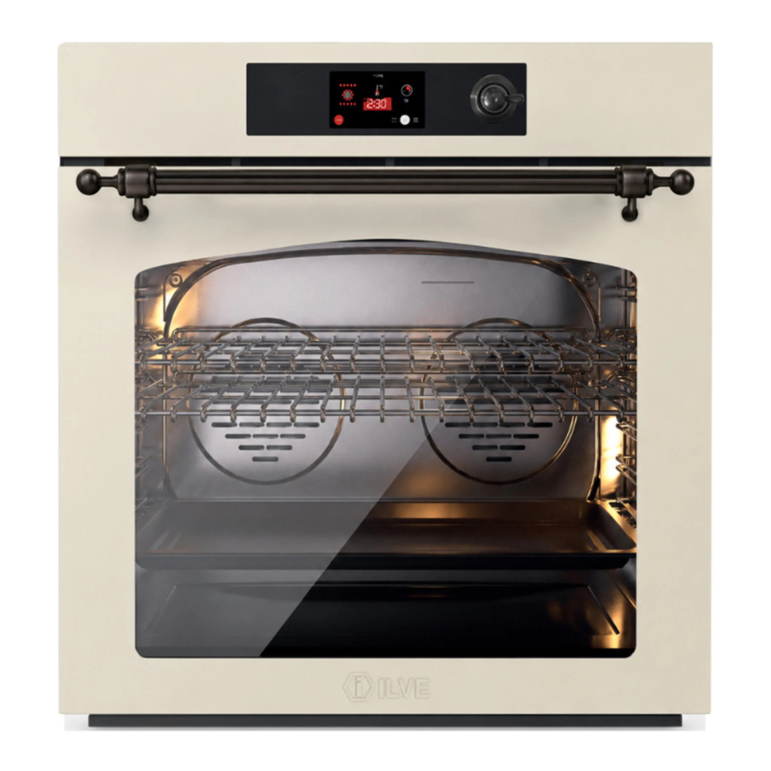 ILVE Nostalgie II 30-Inch Pyrolytic Single Wall Oven with 4.4 Cu. Ft. Capacity in Antique White with Burnished Trim (UOV30NTPYAWB)