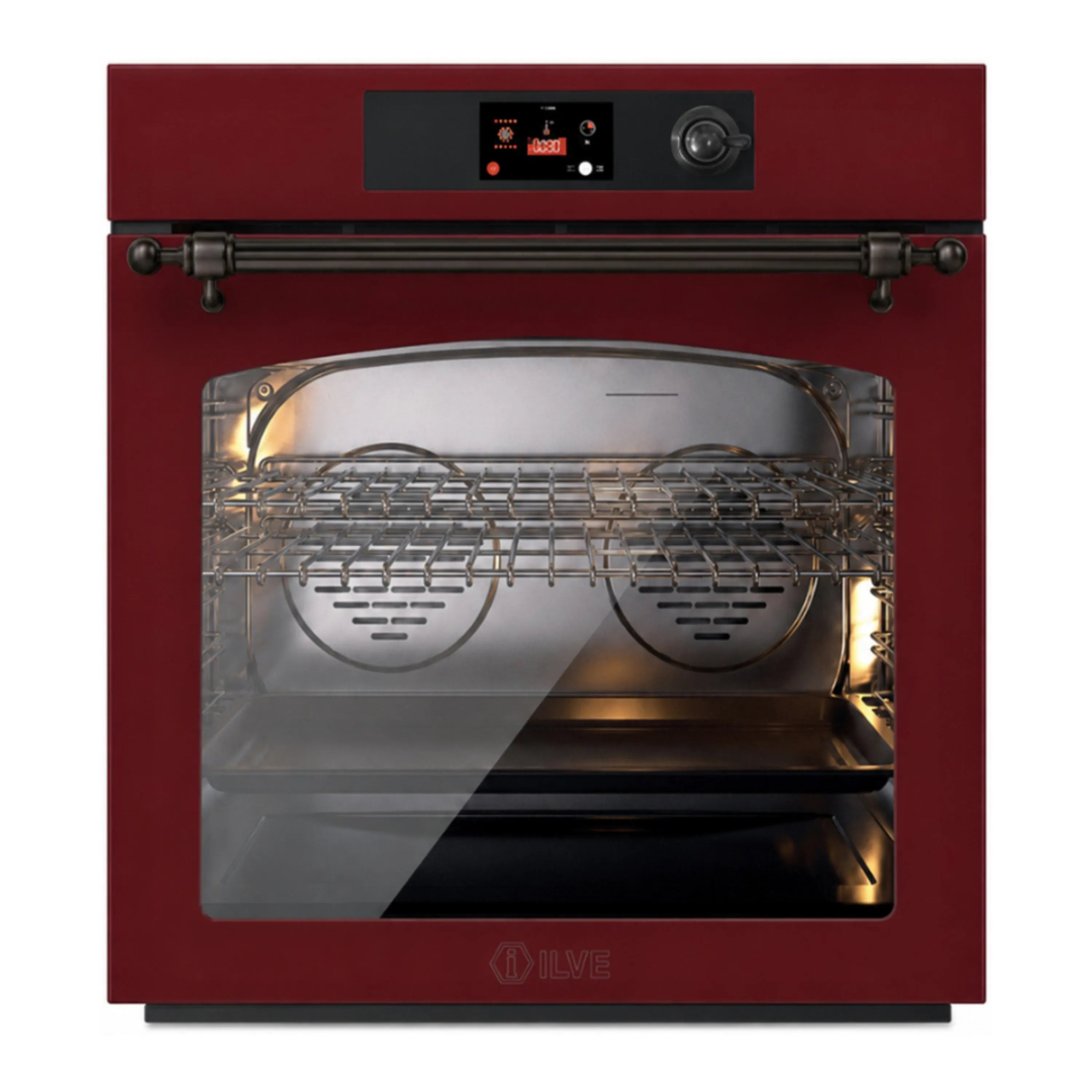 ILVE Nostalgie II 30-Inch Pyrolytic Single Wall Oven with 4.4 Cu. Ft. Capacity in Burgundy with Burnished Trim (UOV30NTPYBUB)
