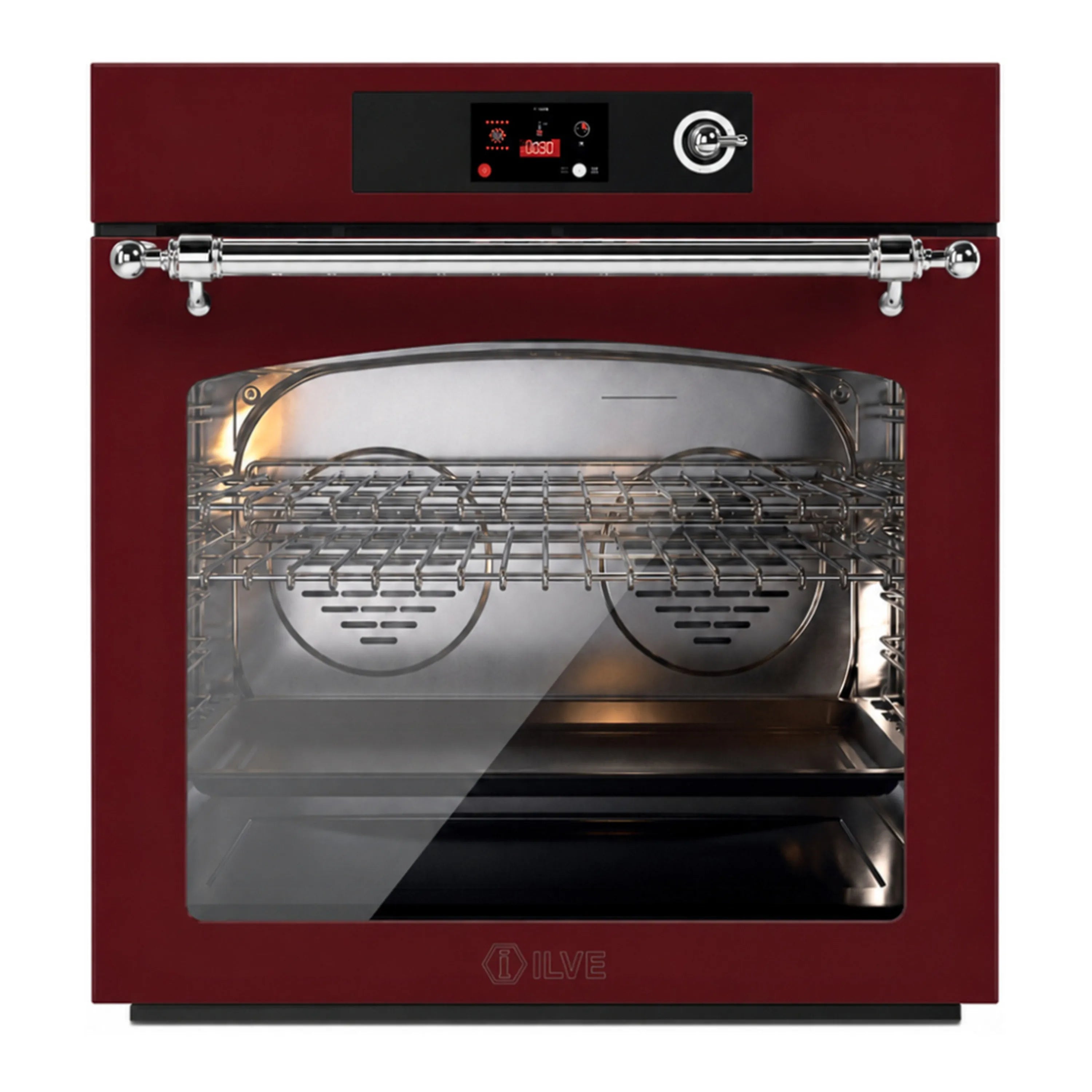 ILVE Nostalgie II 30-Inch Pyrolytic Single Wall Oven with 4.4 Cu. Ft. Capacity in Burgundy with Chrome Trim (UOV30NTPYBUC)