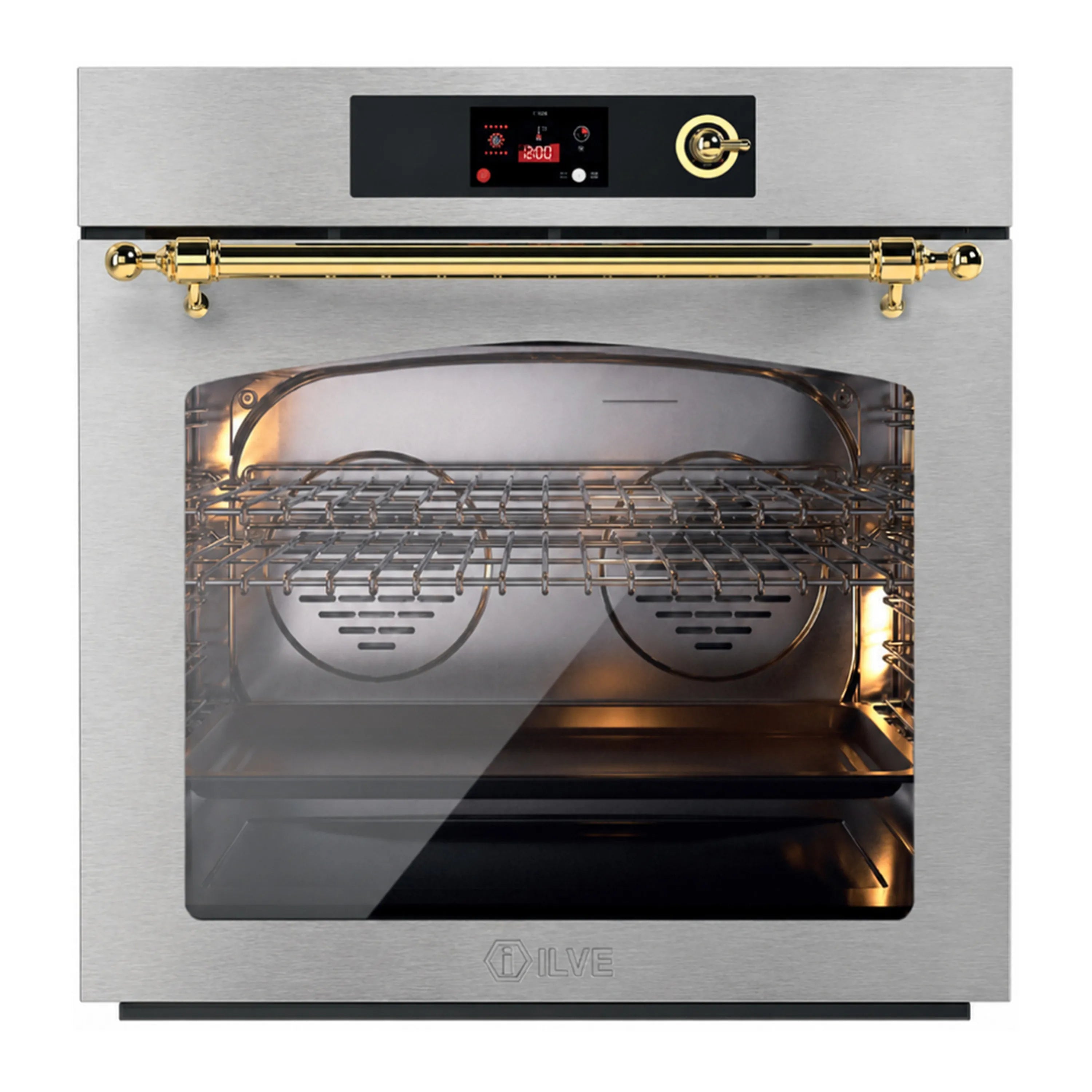 ILVE Nostalgie II 30-Inch Pyrolytic Single Wall Oven with 4.4 Cu. Ft. Capacity in Stainless Steel with Brass Trim (UOV30NTPYSSG)
