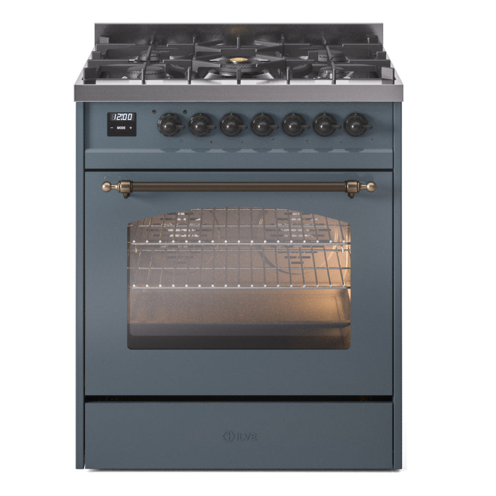 Blue-grey freestanding dual fuel range with illuminated oven and bronze trim handle
