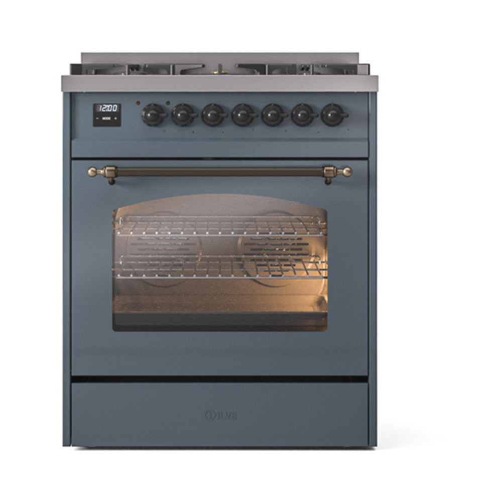 Blue-grey freestanding dual fuel range with bronze handle and glass oven door