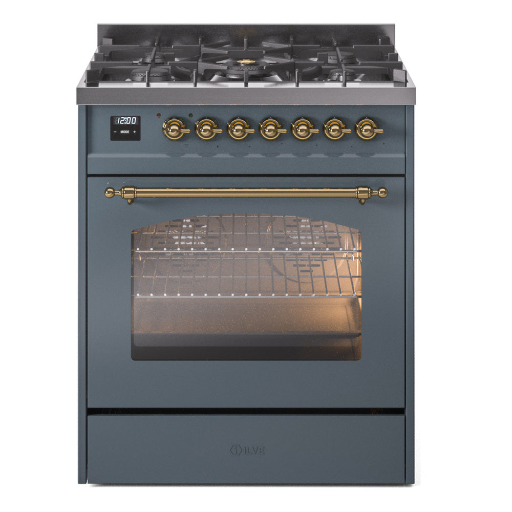 Blue grey dual fuel range with open oven door, brass control knobs, and gas burner cooktop.