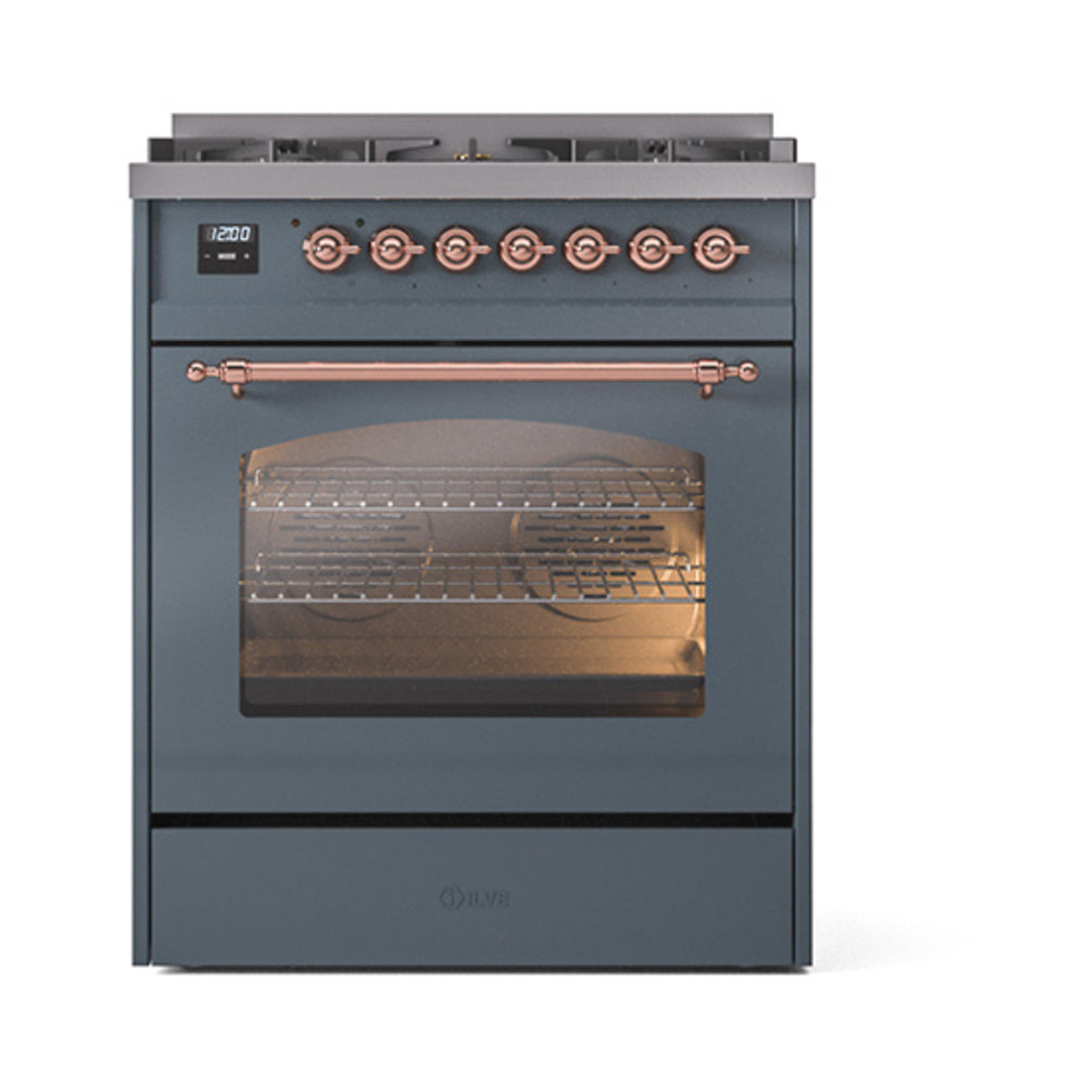 Freestanding dual-fuel range with blue-gray door, copper control knobs, and oven window