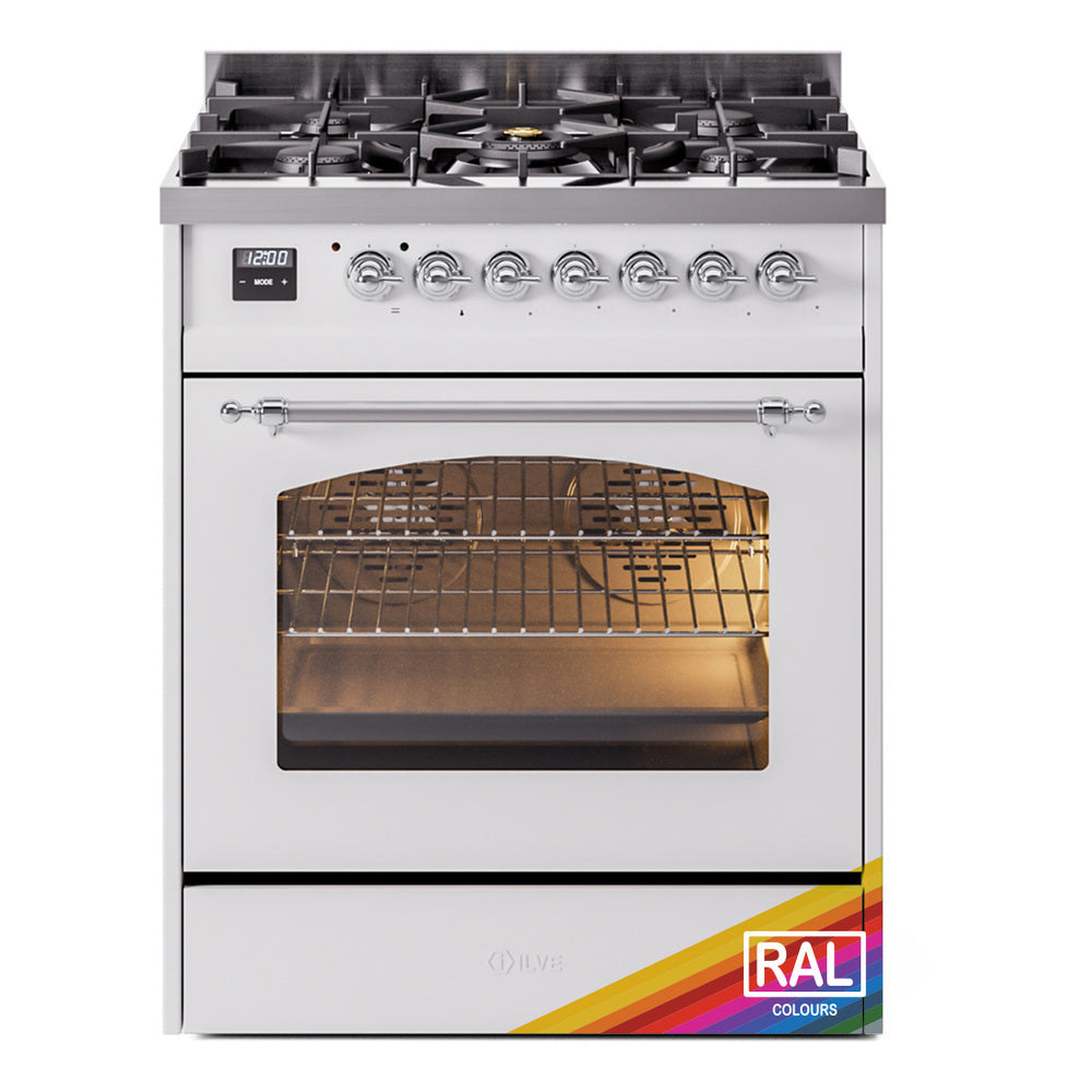 Freestanding dual fuel range with glass-front oven and RAL colors label