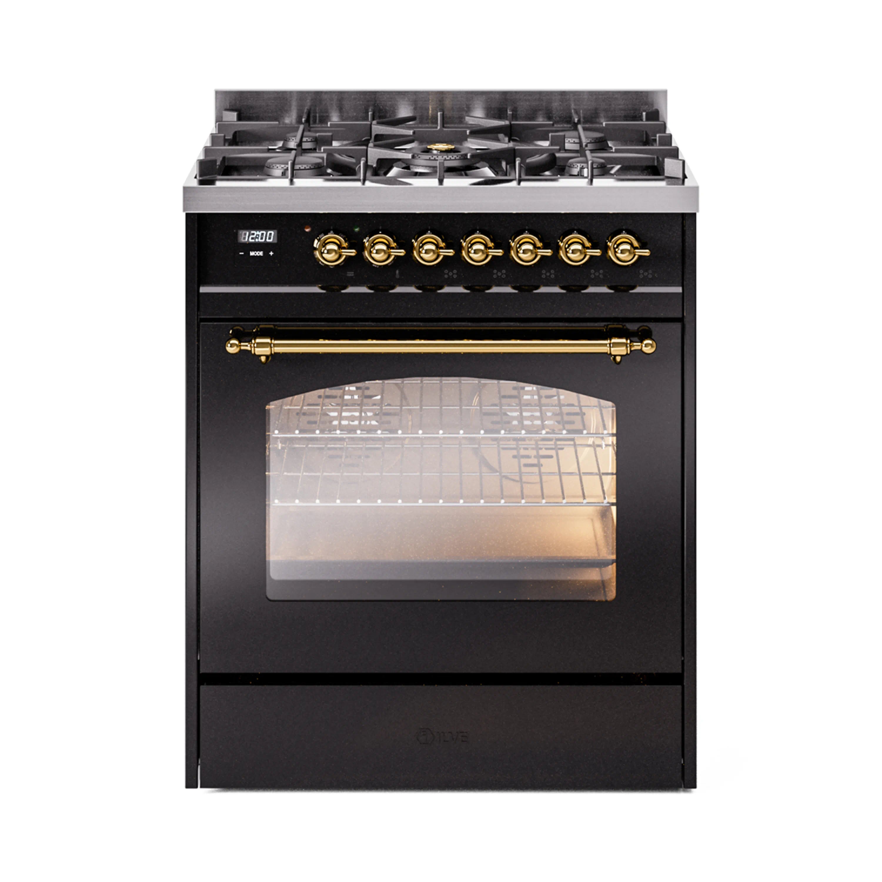 Glossy black dual fuel range with brass oven handle, glass door, and cooktop