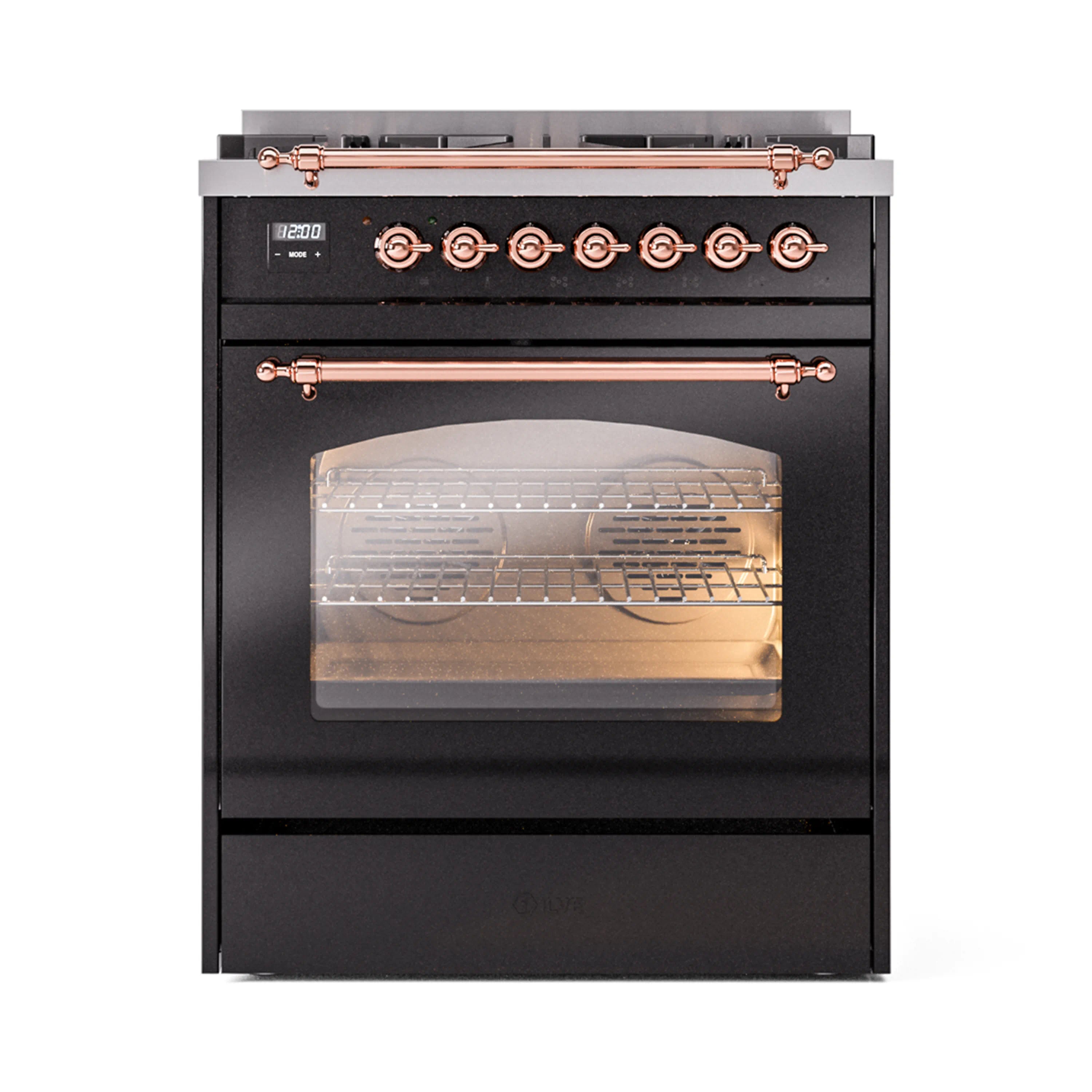 Freestanding dual fuel range with copper handle, glossy black oven door, and control knobs
