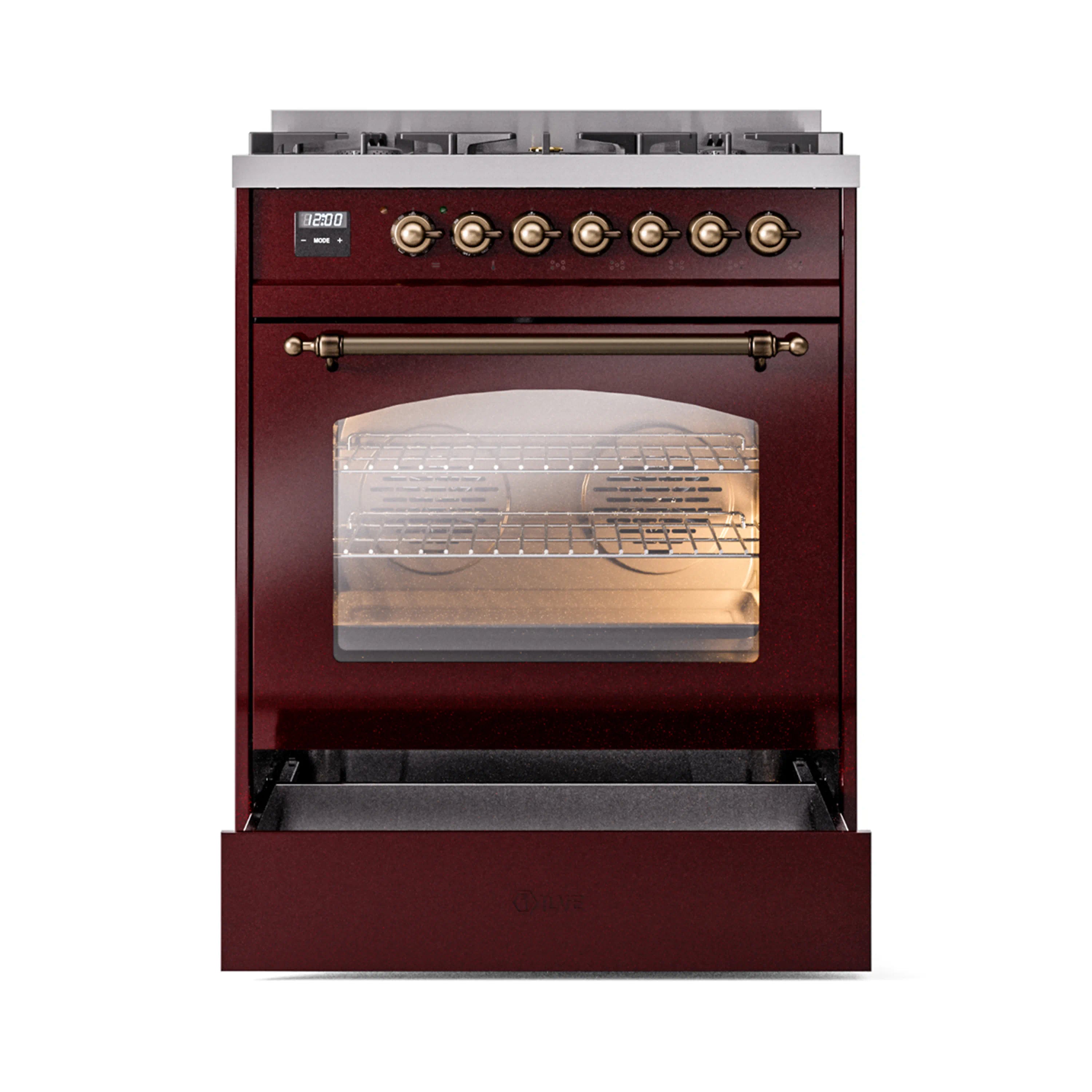 Burgundy freestanding dual fuel range with bronze control knobs and oven window door.