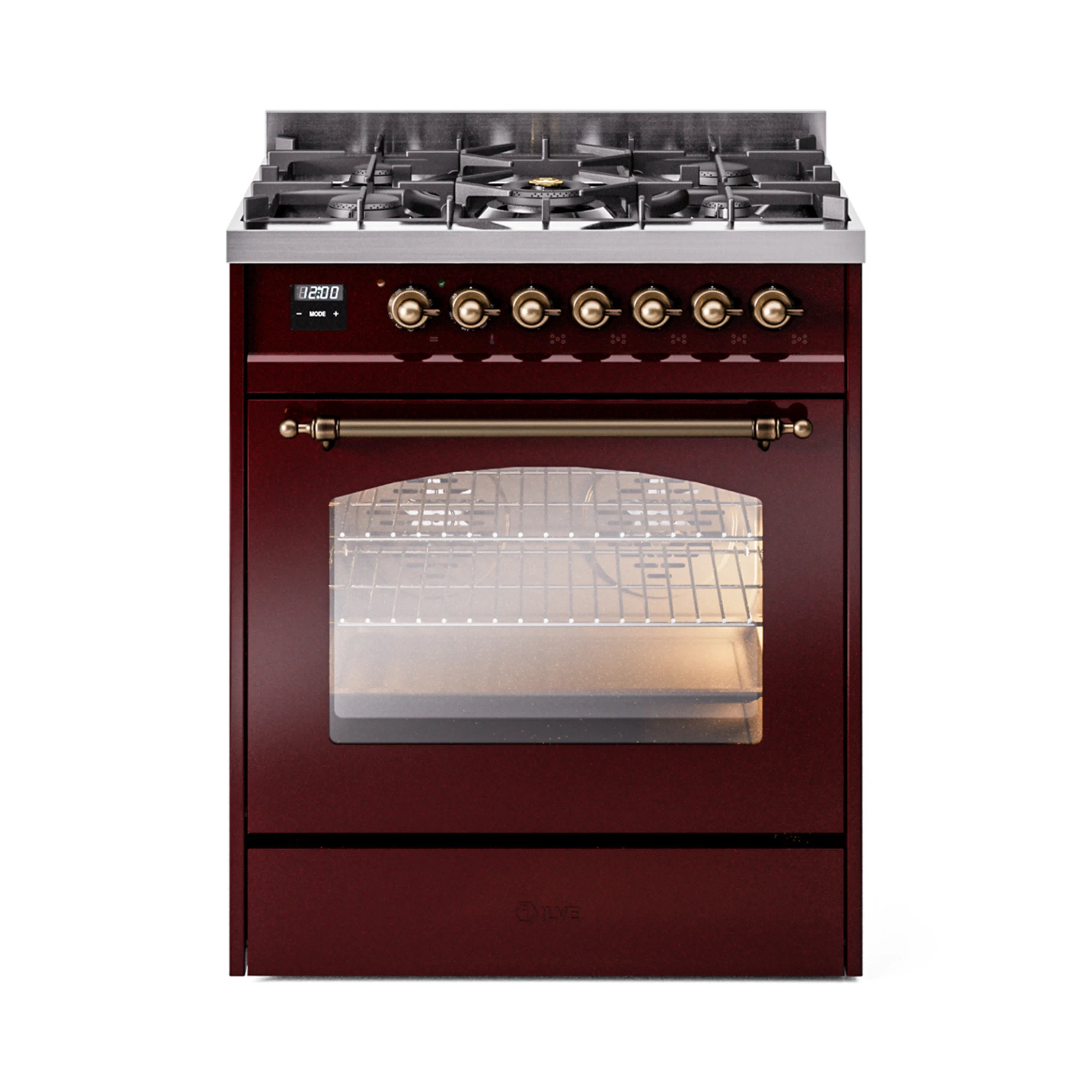 Burgundy freestanding range with bronze control panel, oven handle, and glass oven window.