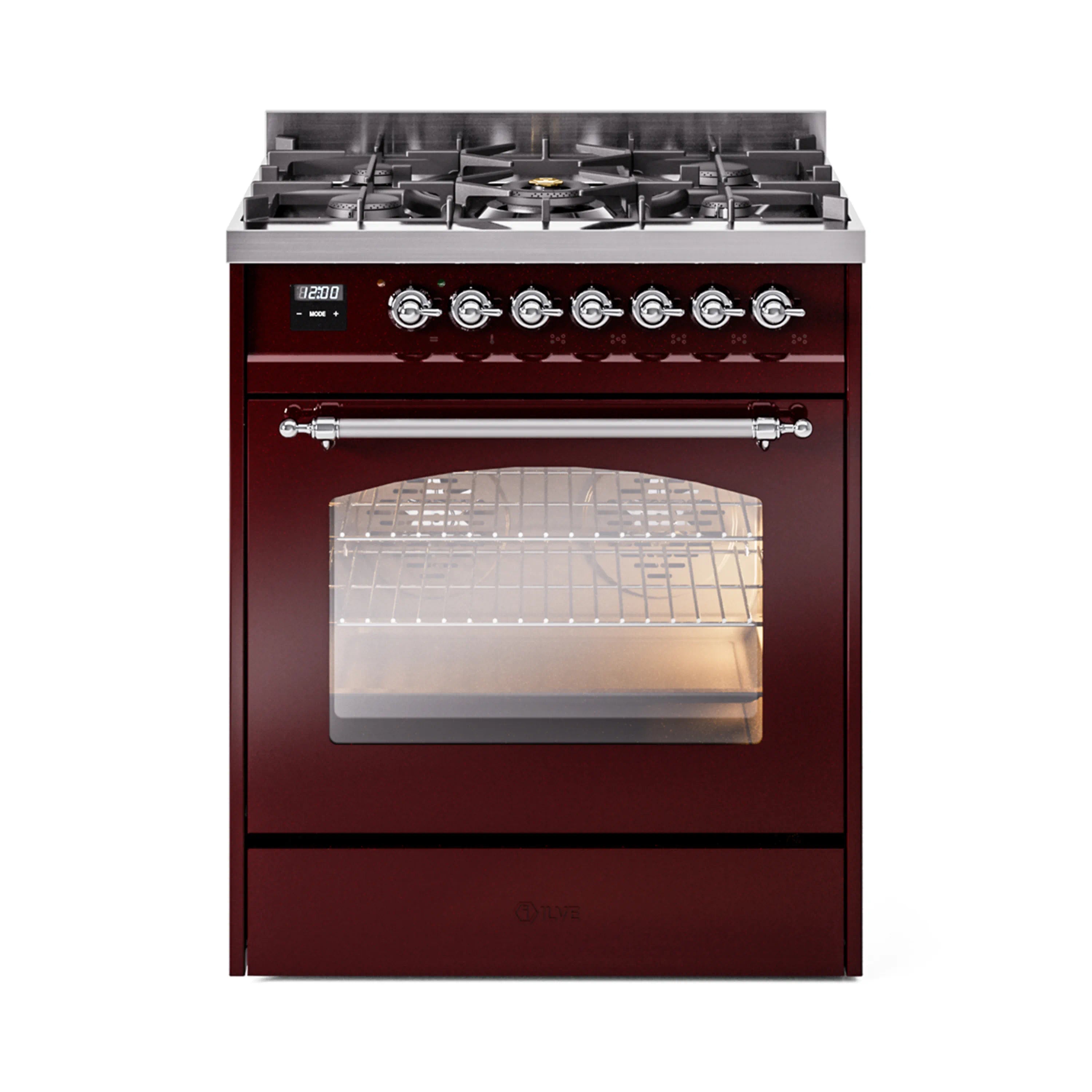 Burgundy freestanding range with chrome control knobs, oven window, and top burner grates