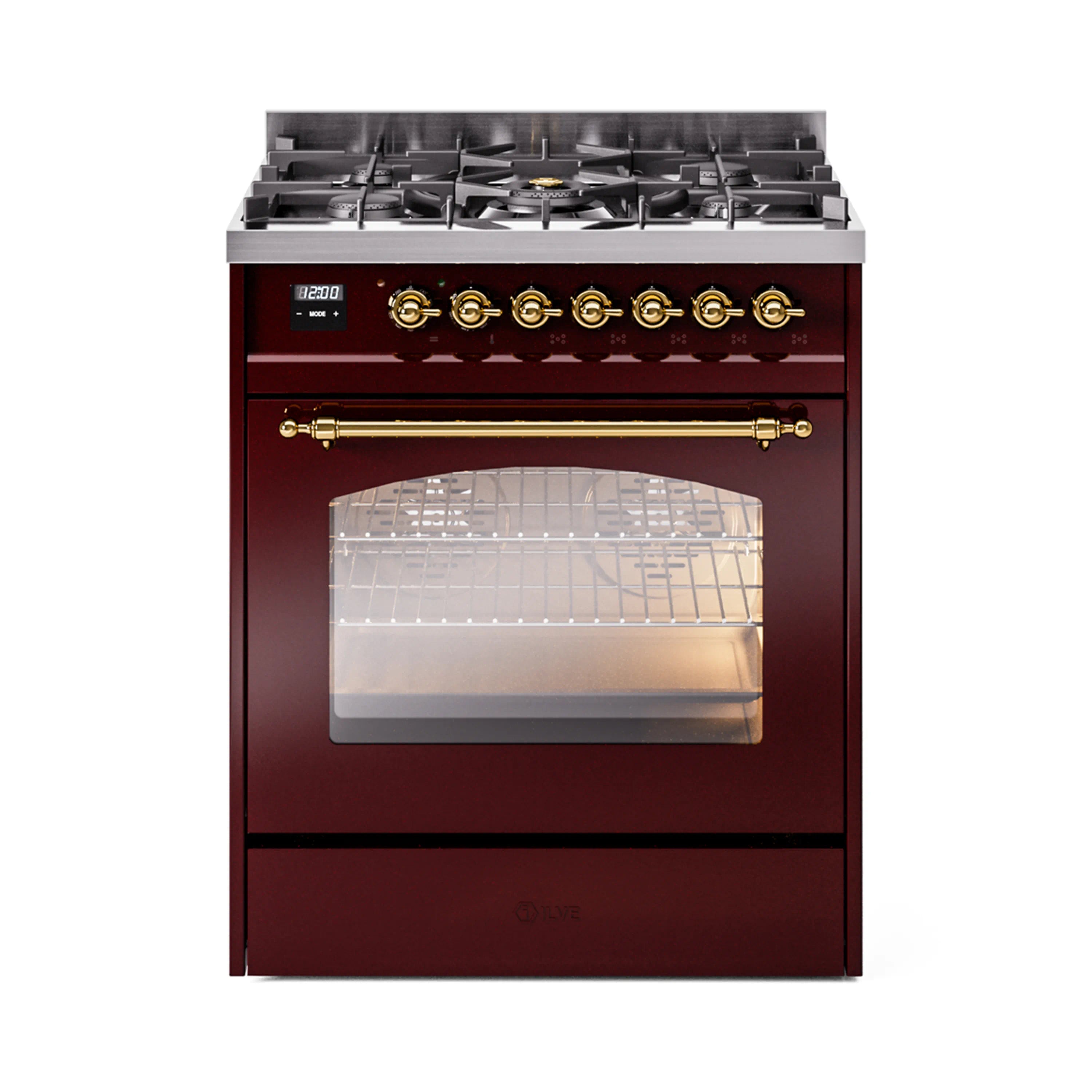 Burgundy freestanding dual-fuel range with brass burner knobs and oven door window