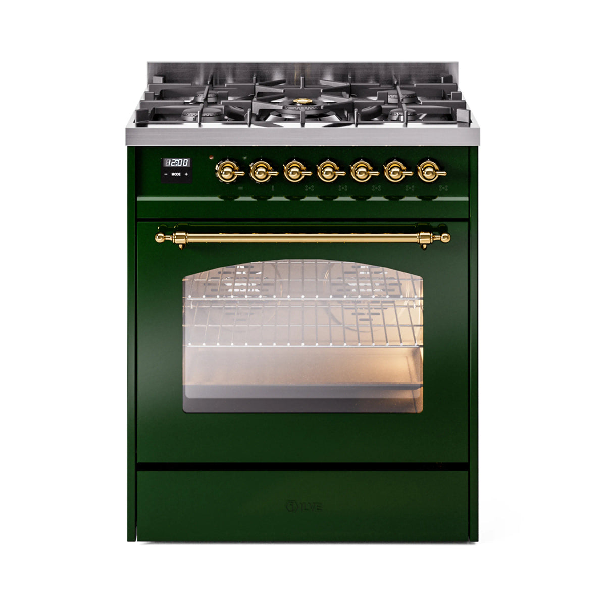 Emerald green dual-fuel range with brass trim, windowed oven door and gas burners