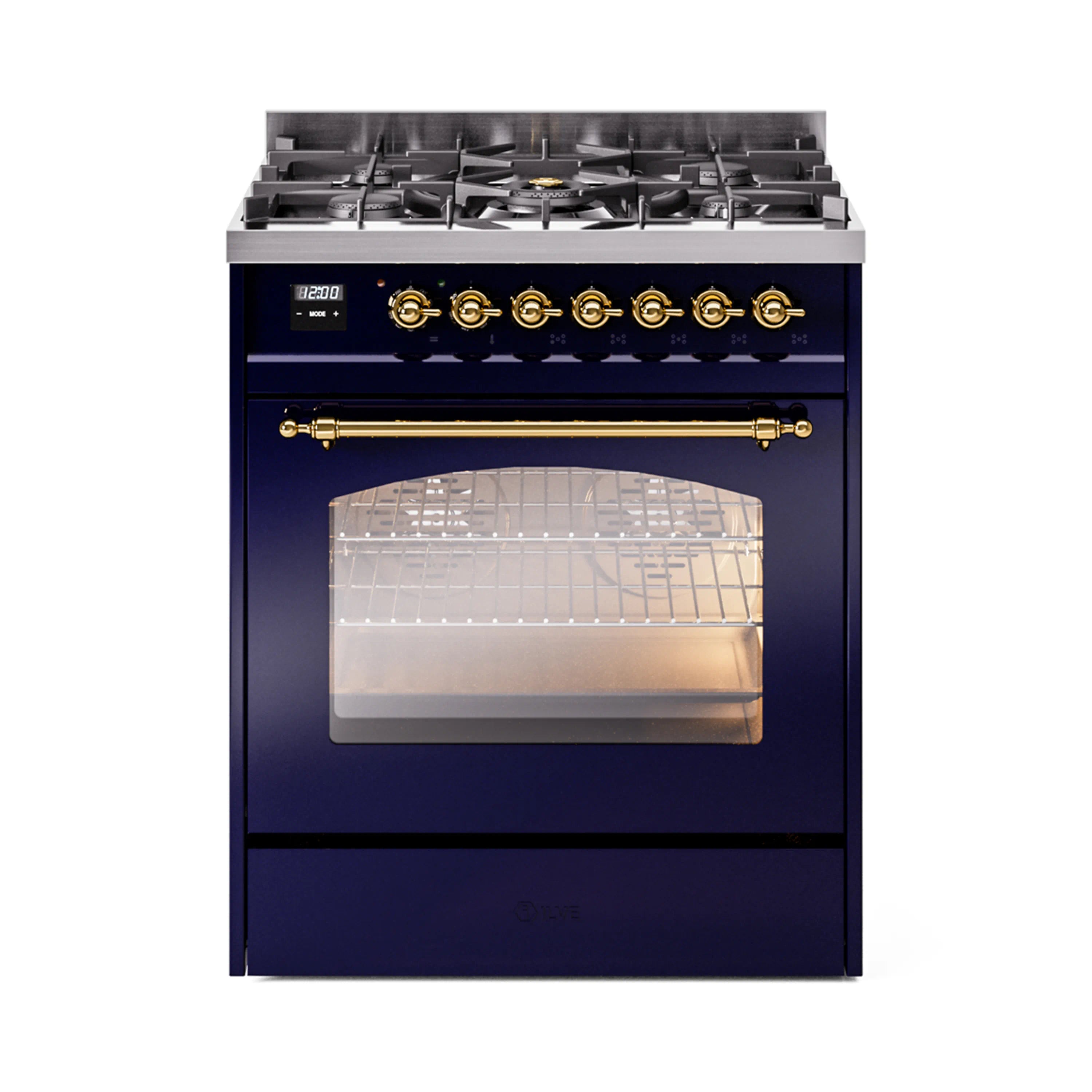 Midnight blue freestanding range with brass burners, control knobs, and oven door window