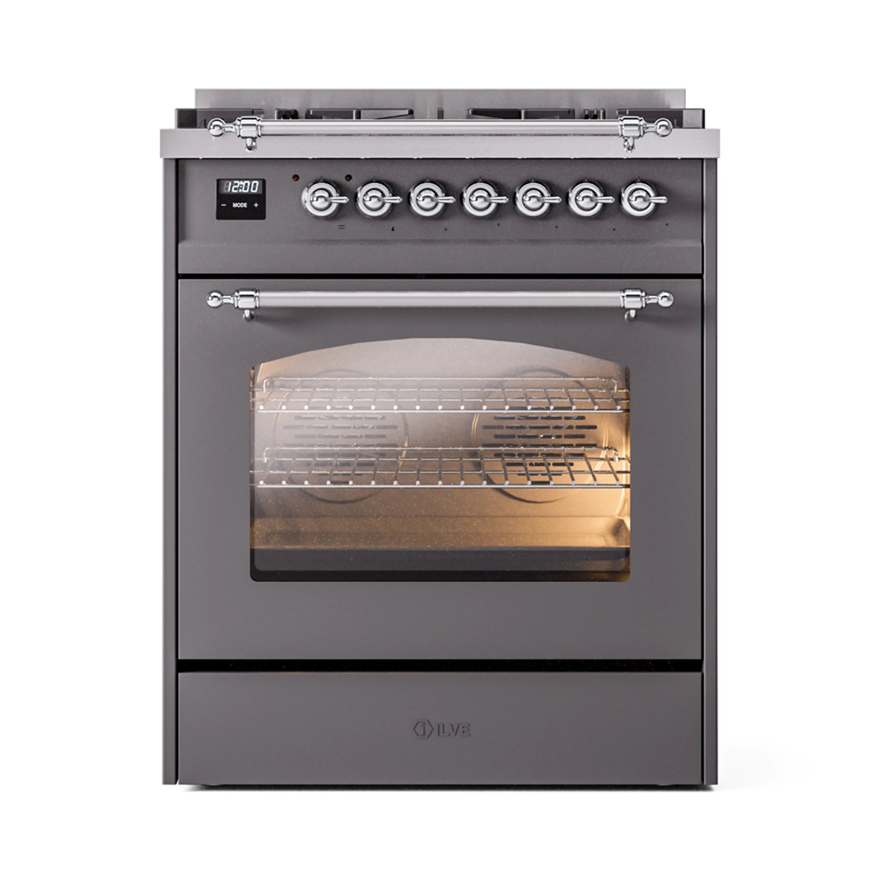 Matte graphite freestanding dual fuel range with chrome-trim oven door and control knobs