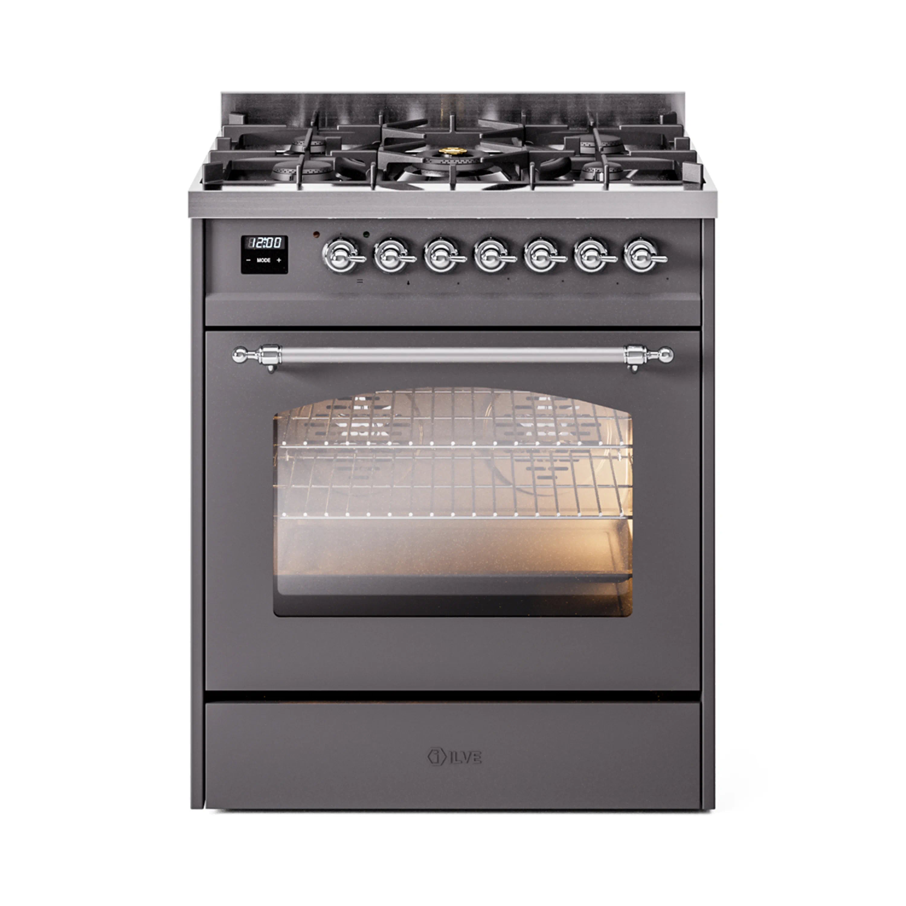 Matte graphite freestanding range with oven window, chrome handles, and burner control knobs