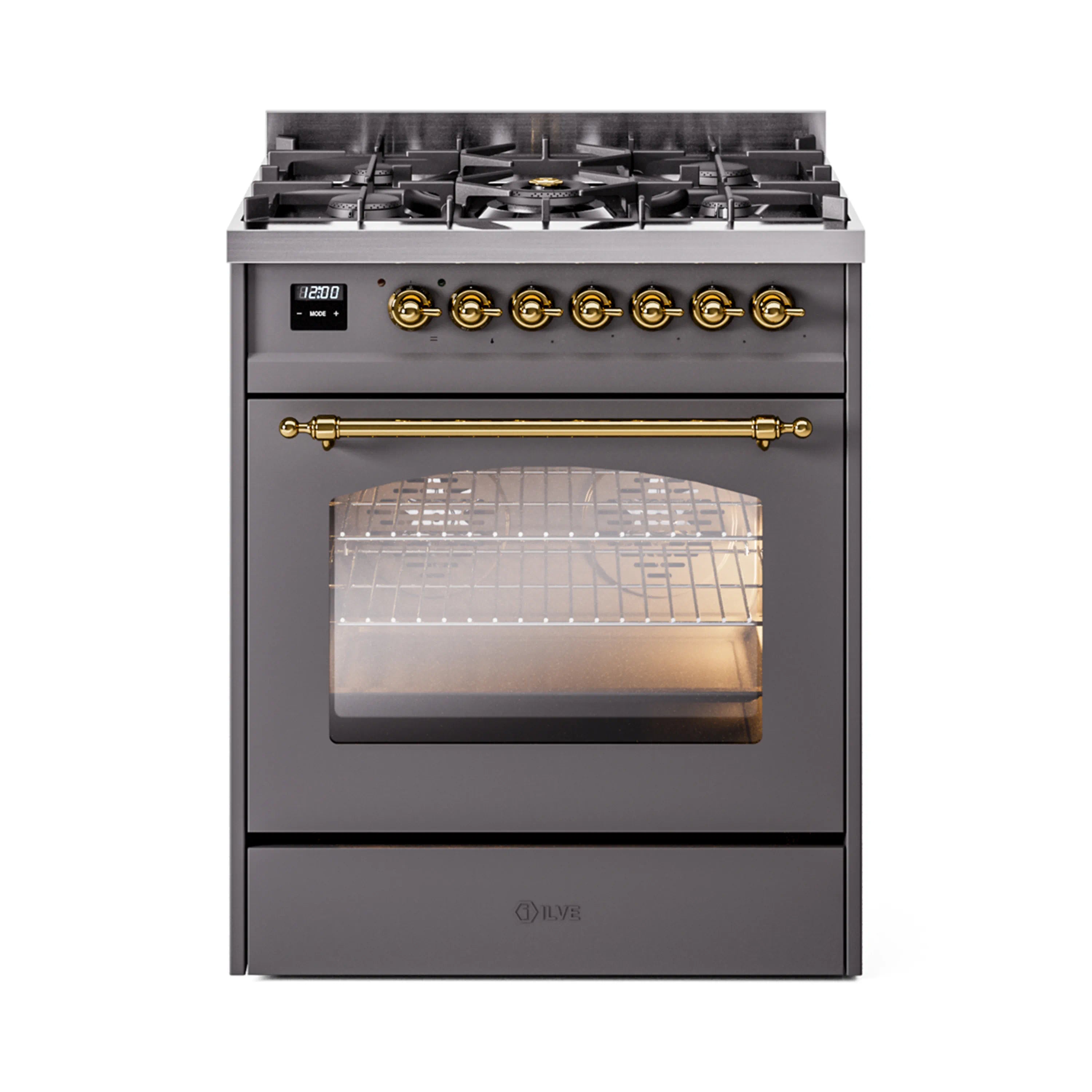 Dual fuel freestanding range front view with illuminated oven window and brass knobs