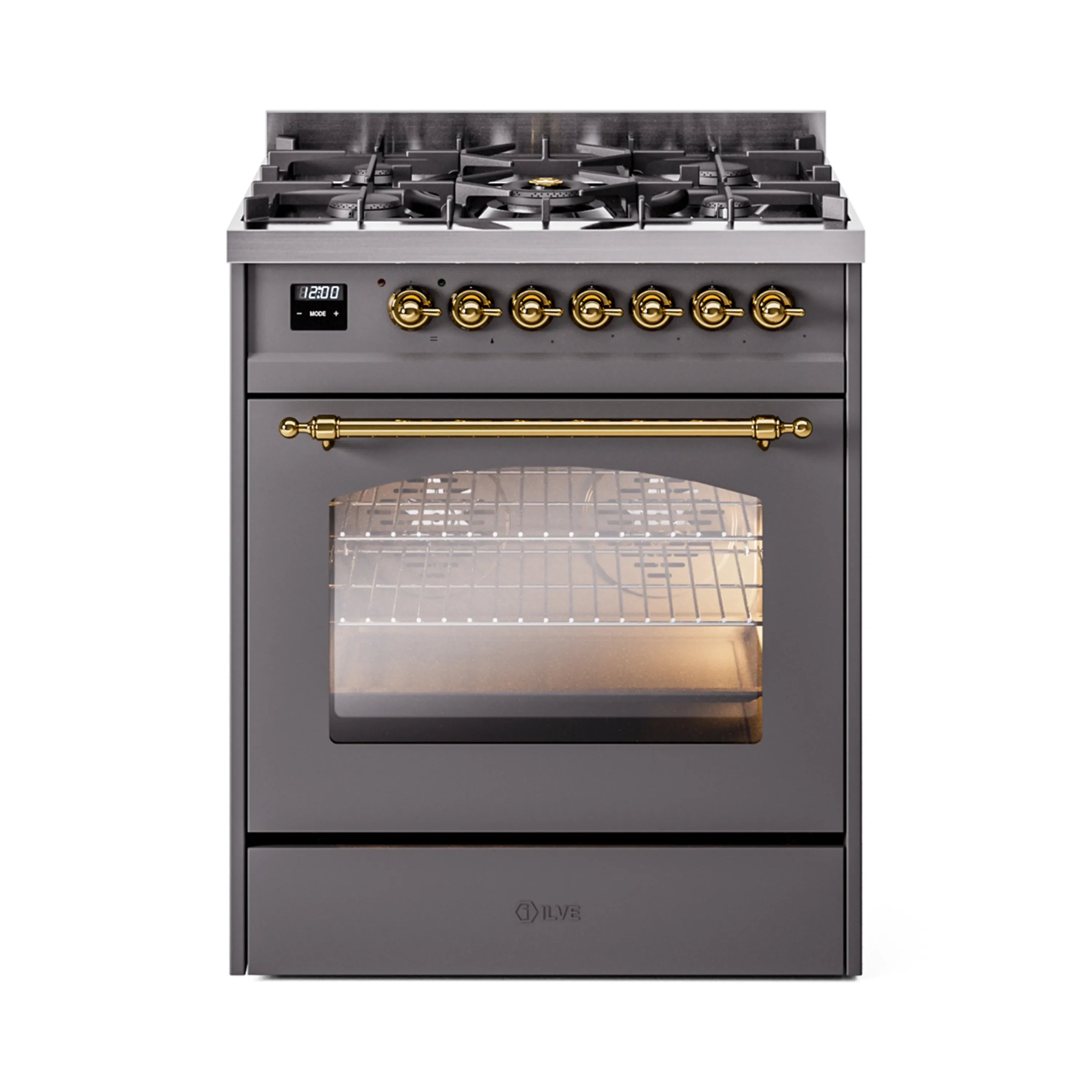 Matte graphite dual-fuel range with brass trim, gas burners, and glass oven door