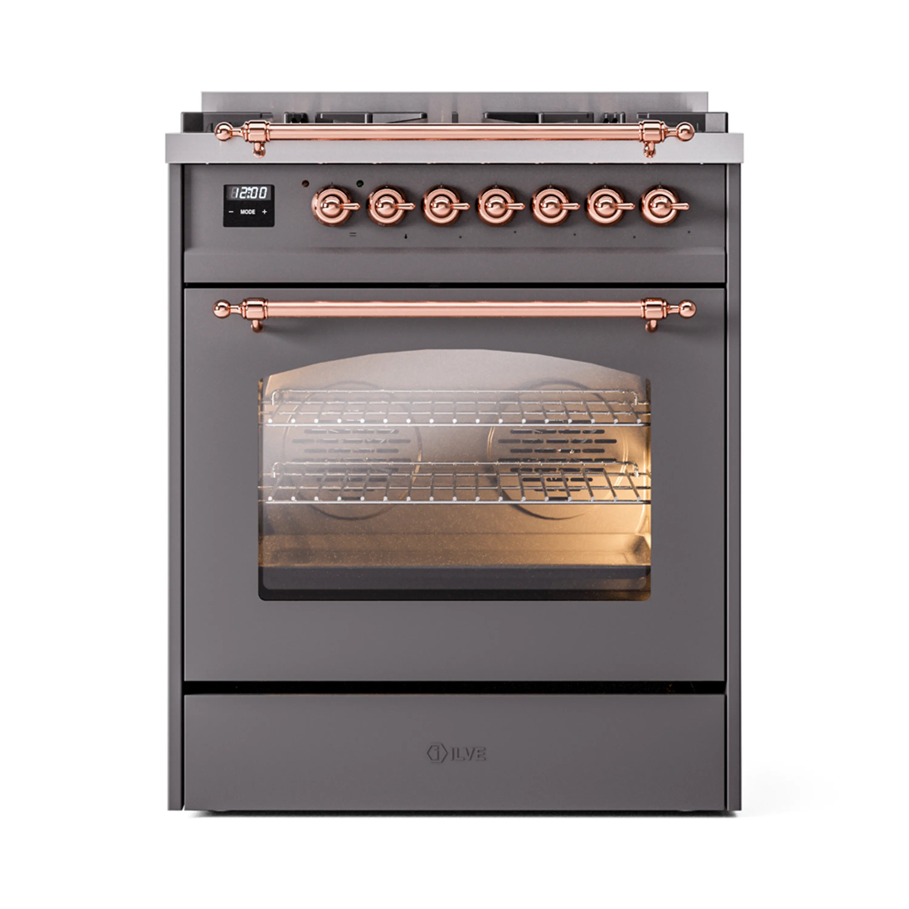 Matte graphite range with copper-trim control knobs and oven door window