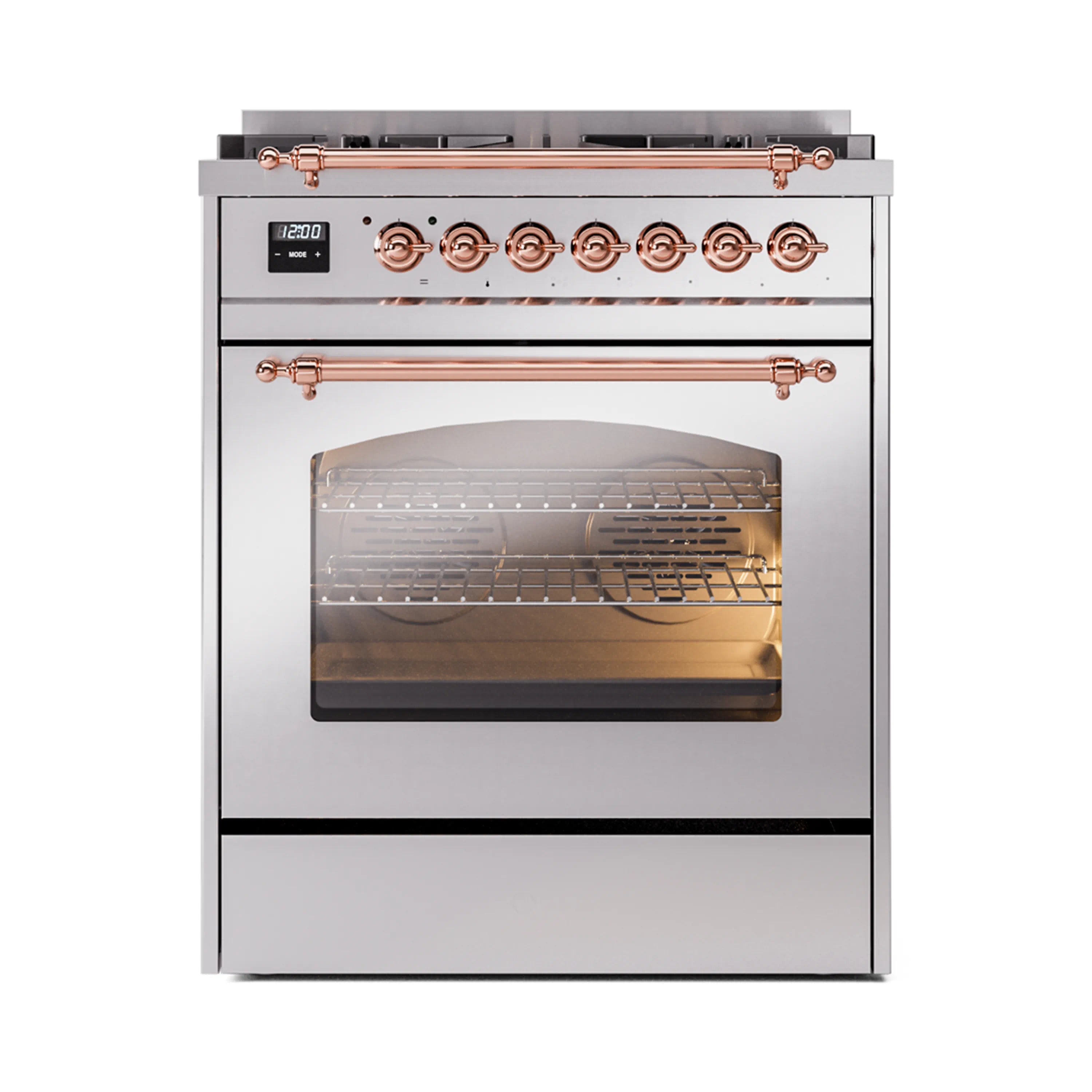 Stainless steel dual fuel range with copper-trim knobs and oven door open