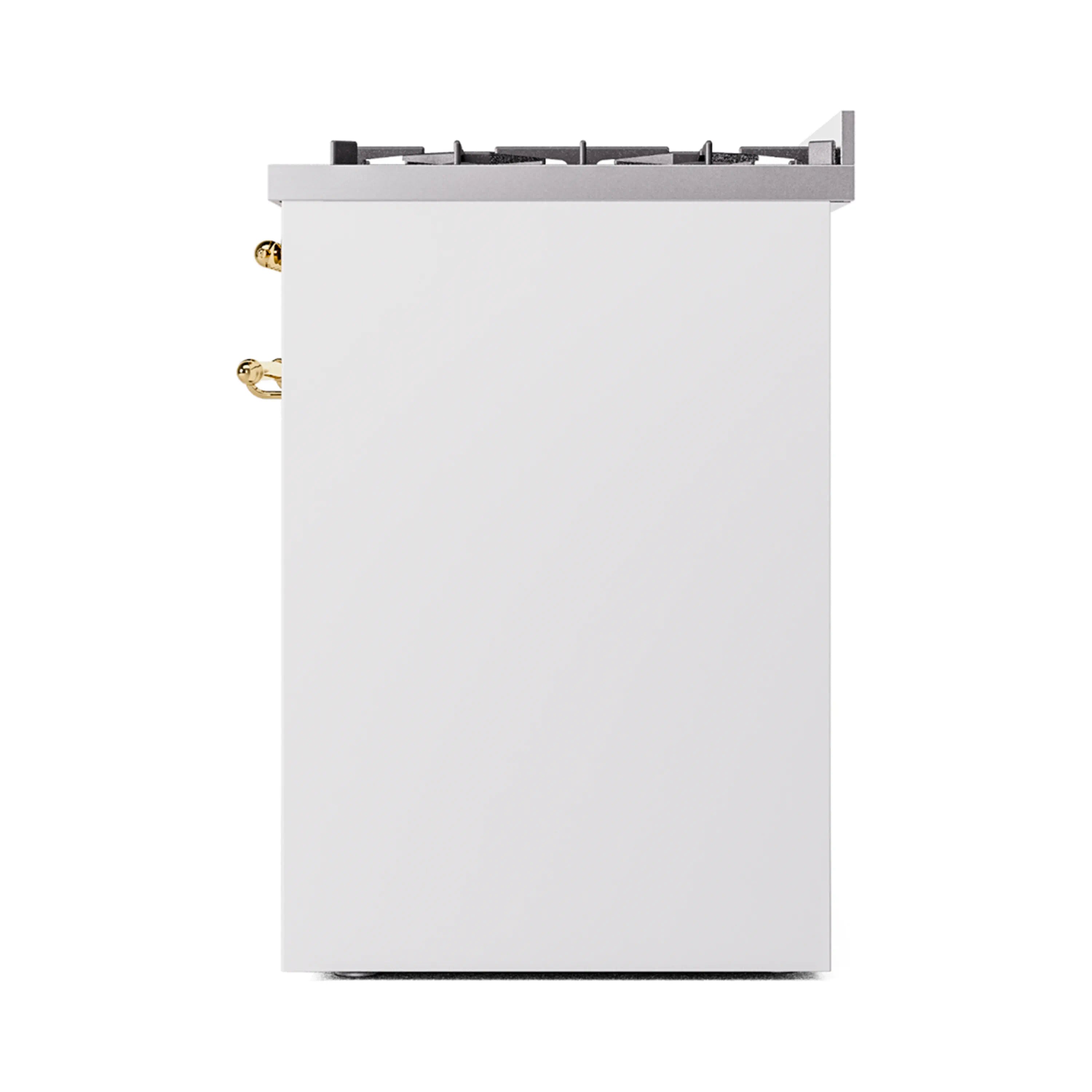 White freestanding range side view with brass knobs and black burner grates on top
