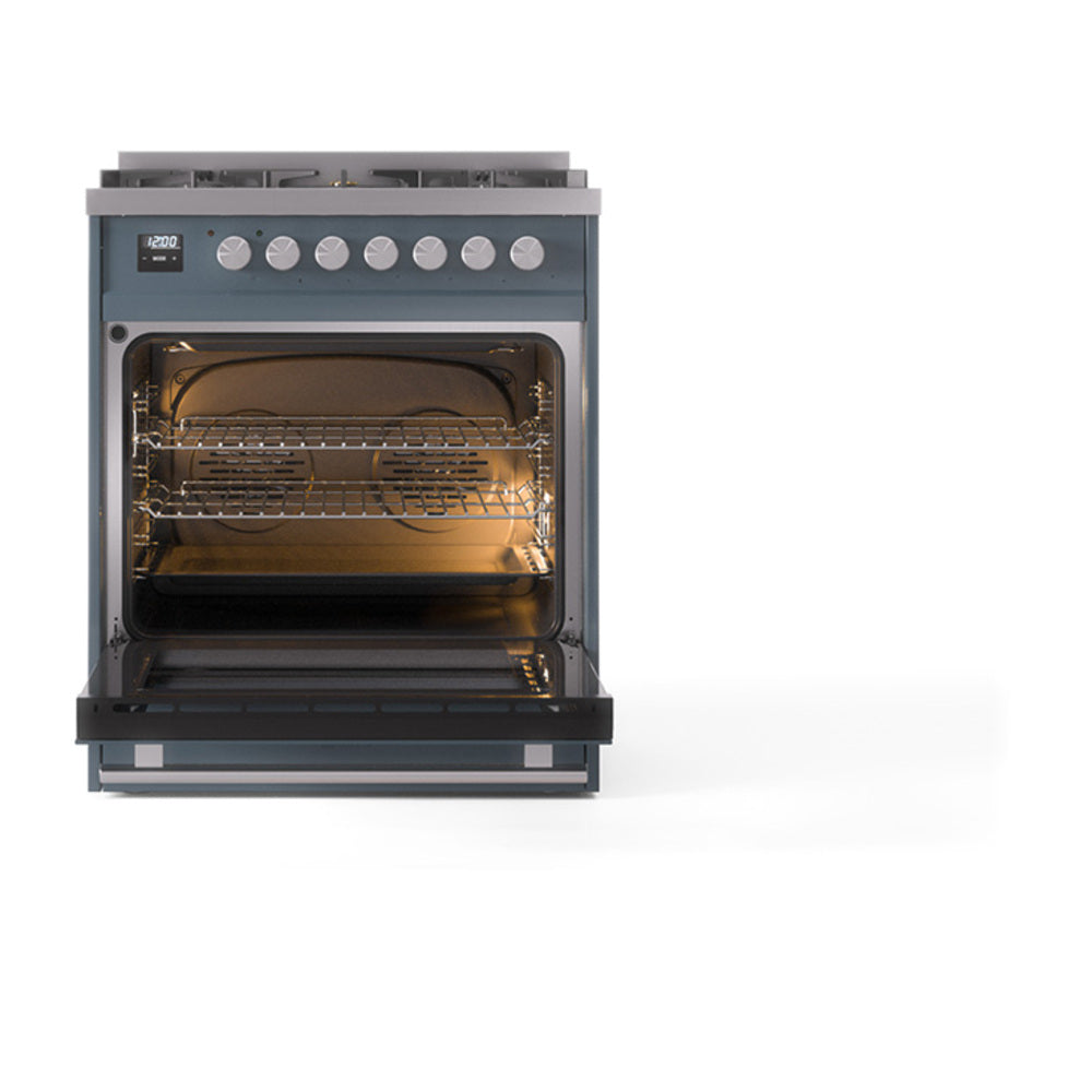 Blue grey range with open oven door showing interior bake compartment