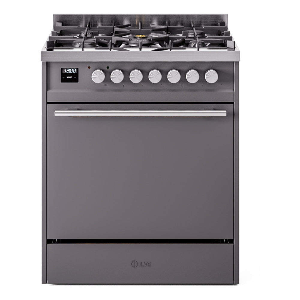 Matte graphite dual fuel range with six-burner cooktop and closed oven door