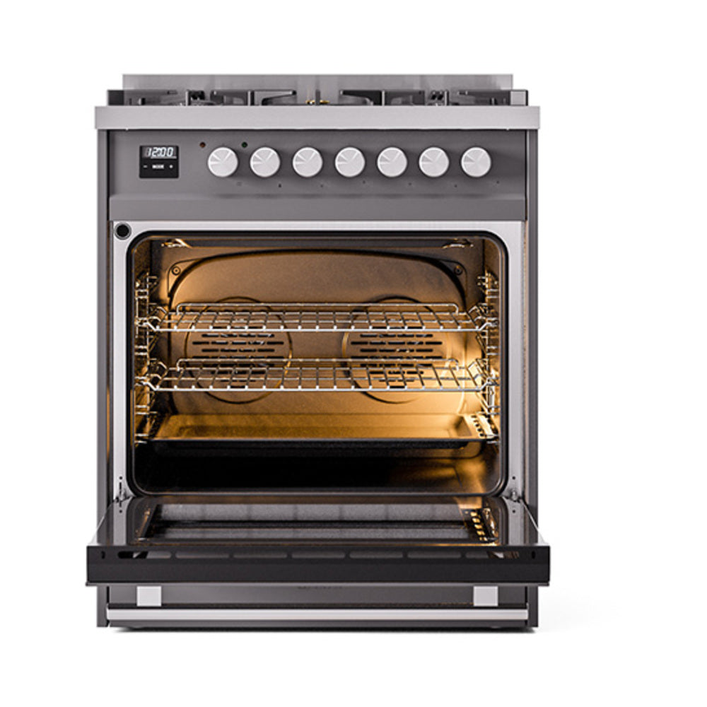 Matte graphite range with oven door open, showing broiler and racks inside