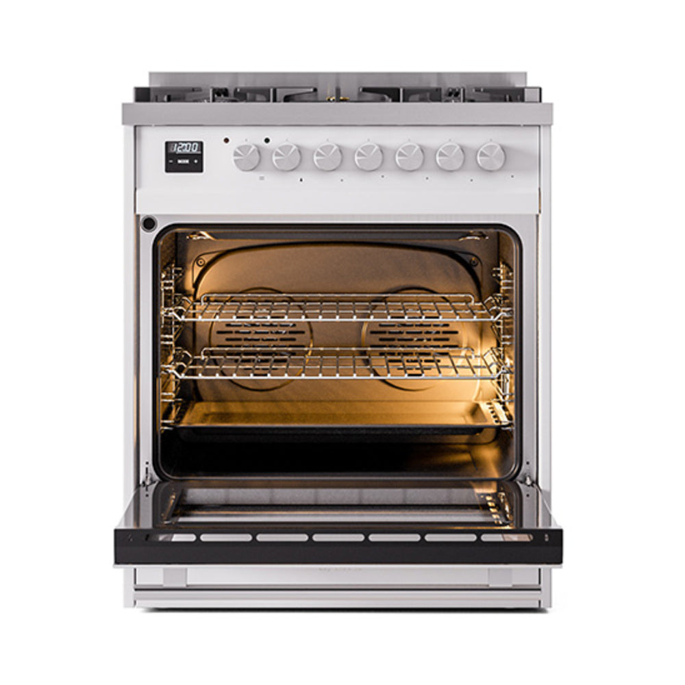 30-inch dual fuel range with open oven door showing broil and bake interior