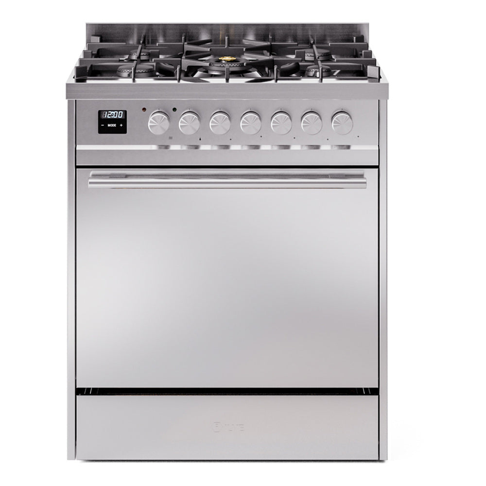 Stainless steel dual fuel gas range with front control knobs and solid oven door