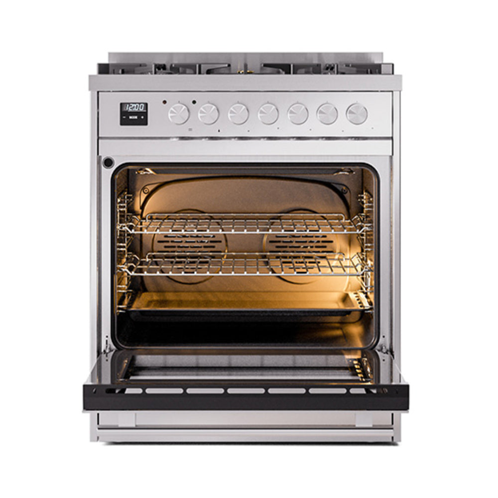 Stainless steel dual fuel range with oven door open, showing racks and burner grates